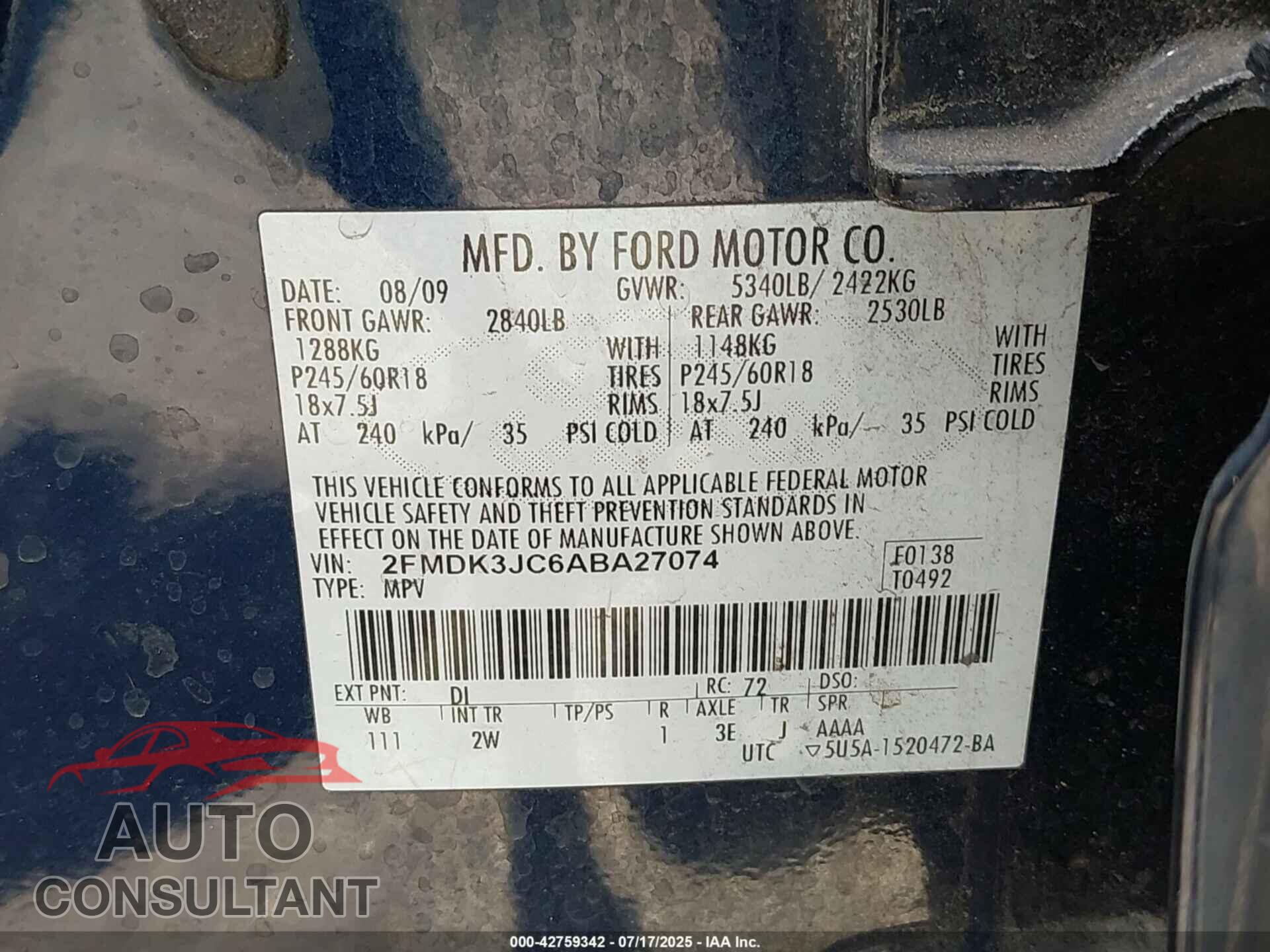 FORD EDGE 2010 - 2FMDK3JC6ABA27074