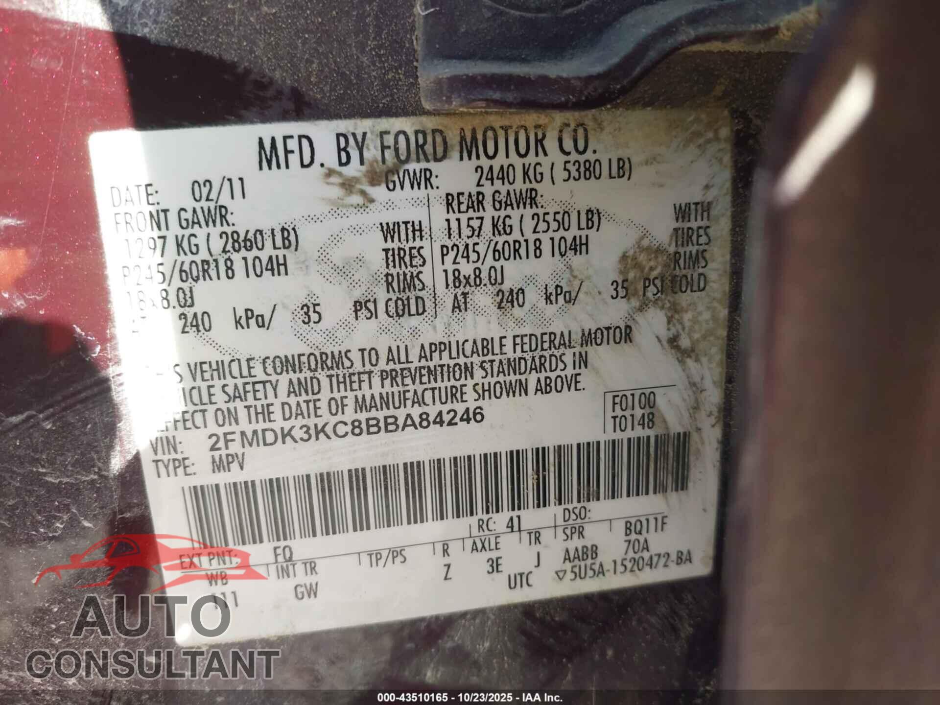 FORD EDGE 2011 - 2FMDK3KC8BBA84246