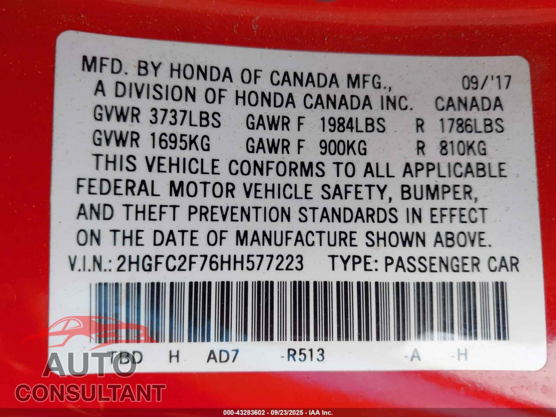 HONDA CIVIC 2017 - 2HGFC2F76HH577223