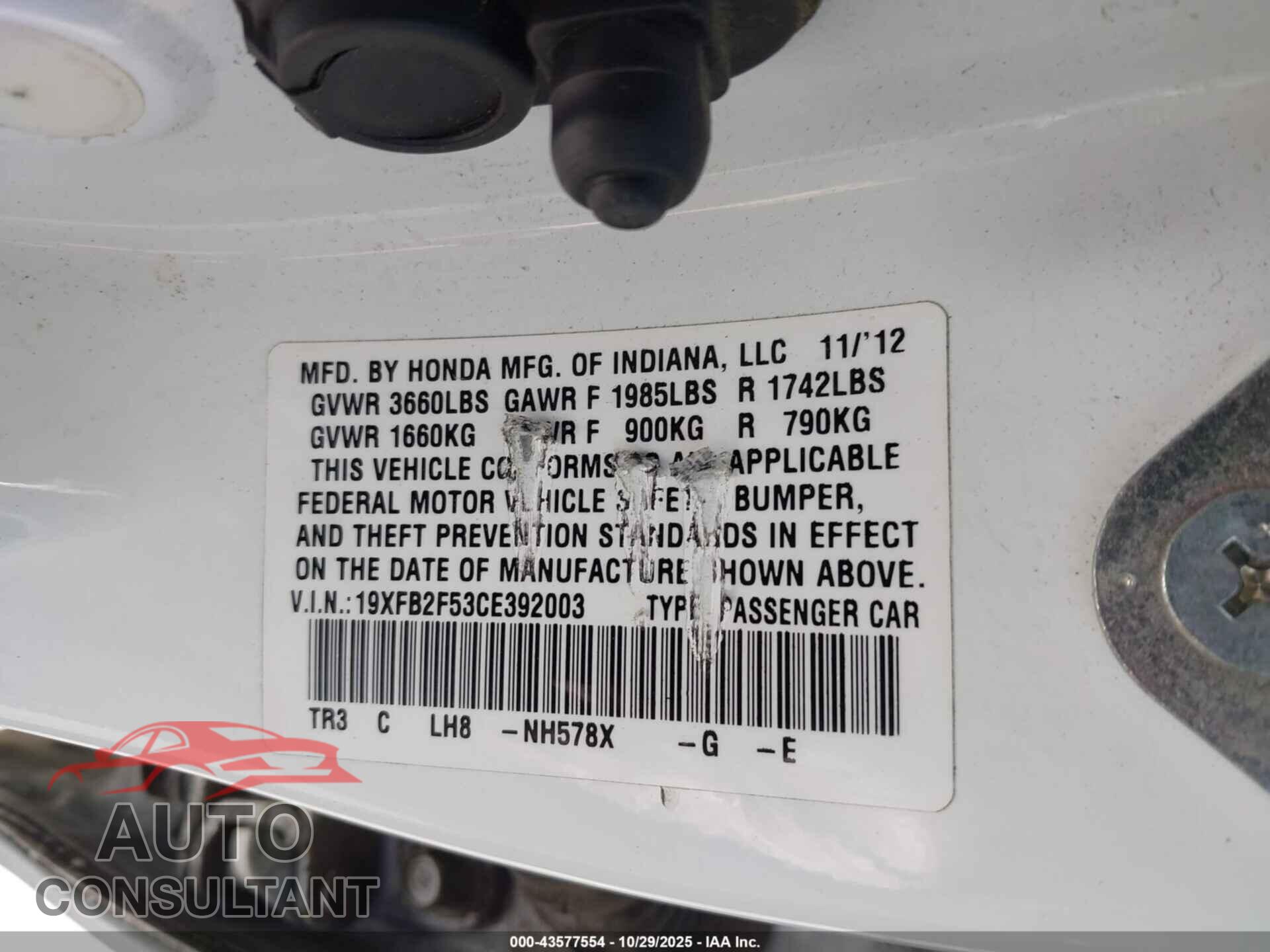 HONDA CIVIC 2012 - 19XFB2F53CE392003