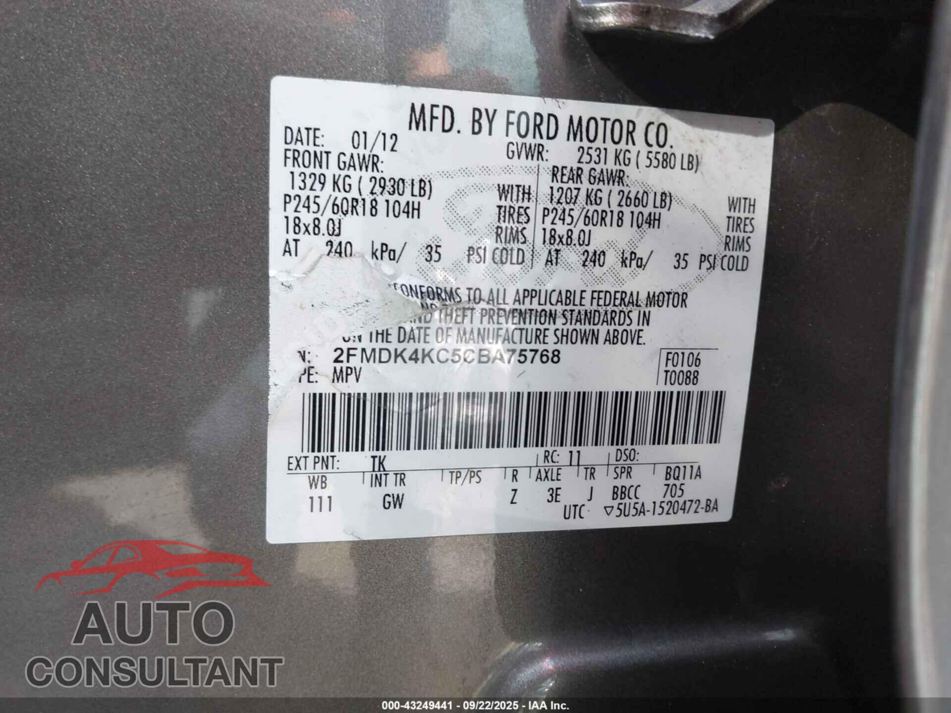 FORD EDGE 2012 - 2FMDK4KC5CBA75768