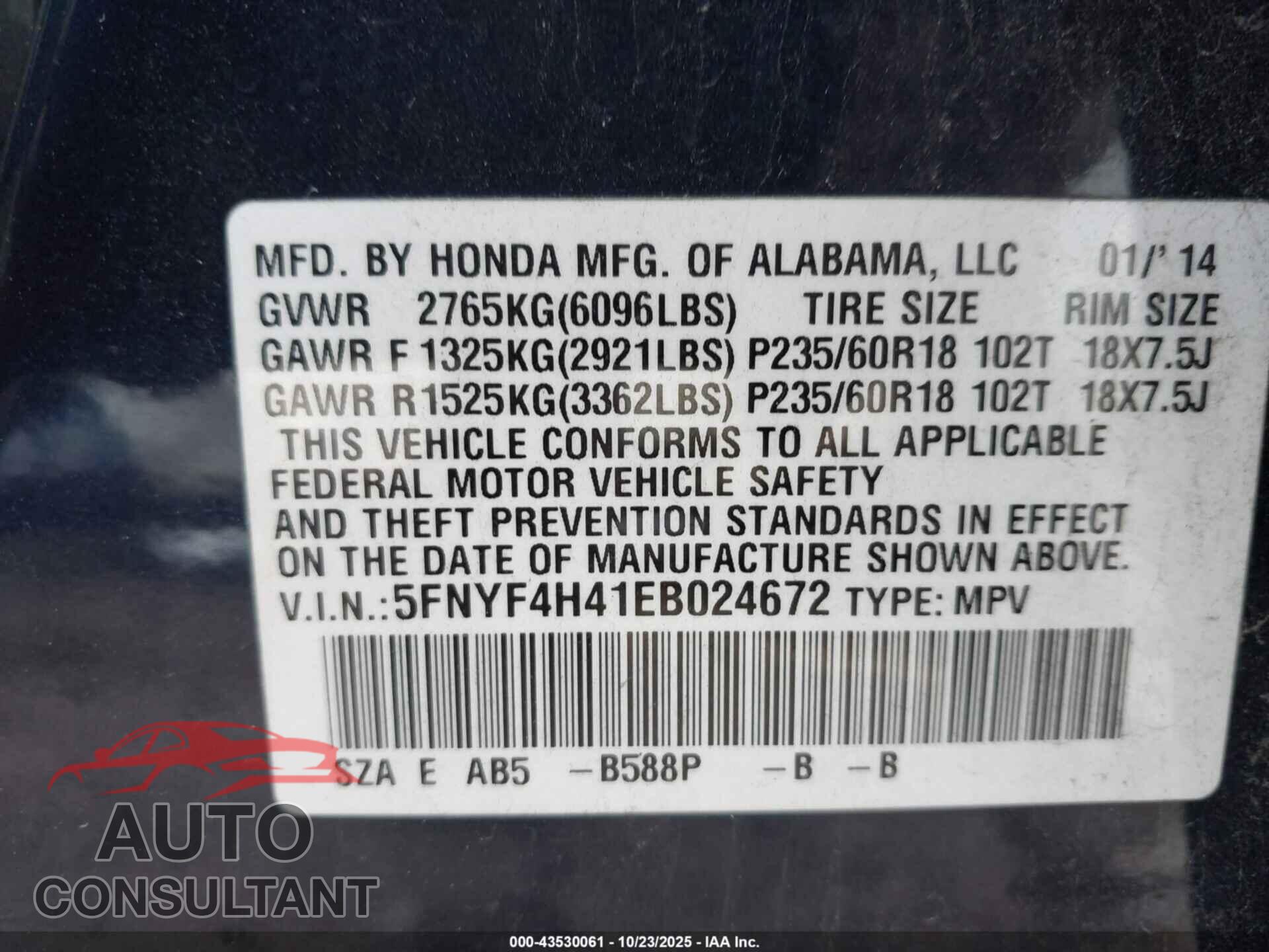 HONDA PILOT 2014 - 5FNYF4H41EB024672
