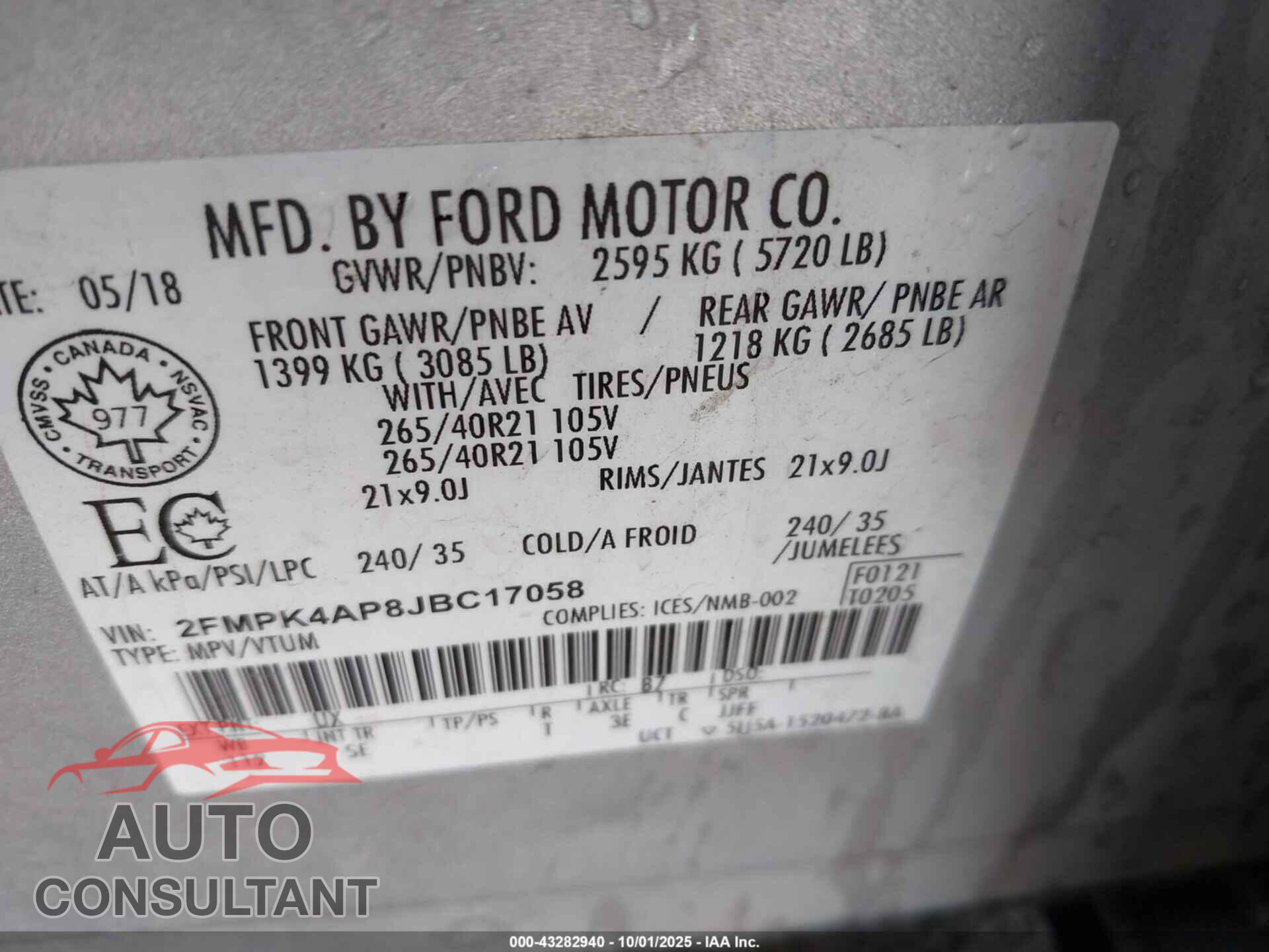 FORD EDGE 2018 - 2FMPK4AP8JBC17058
