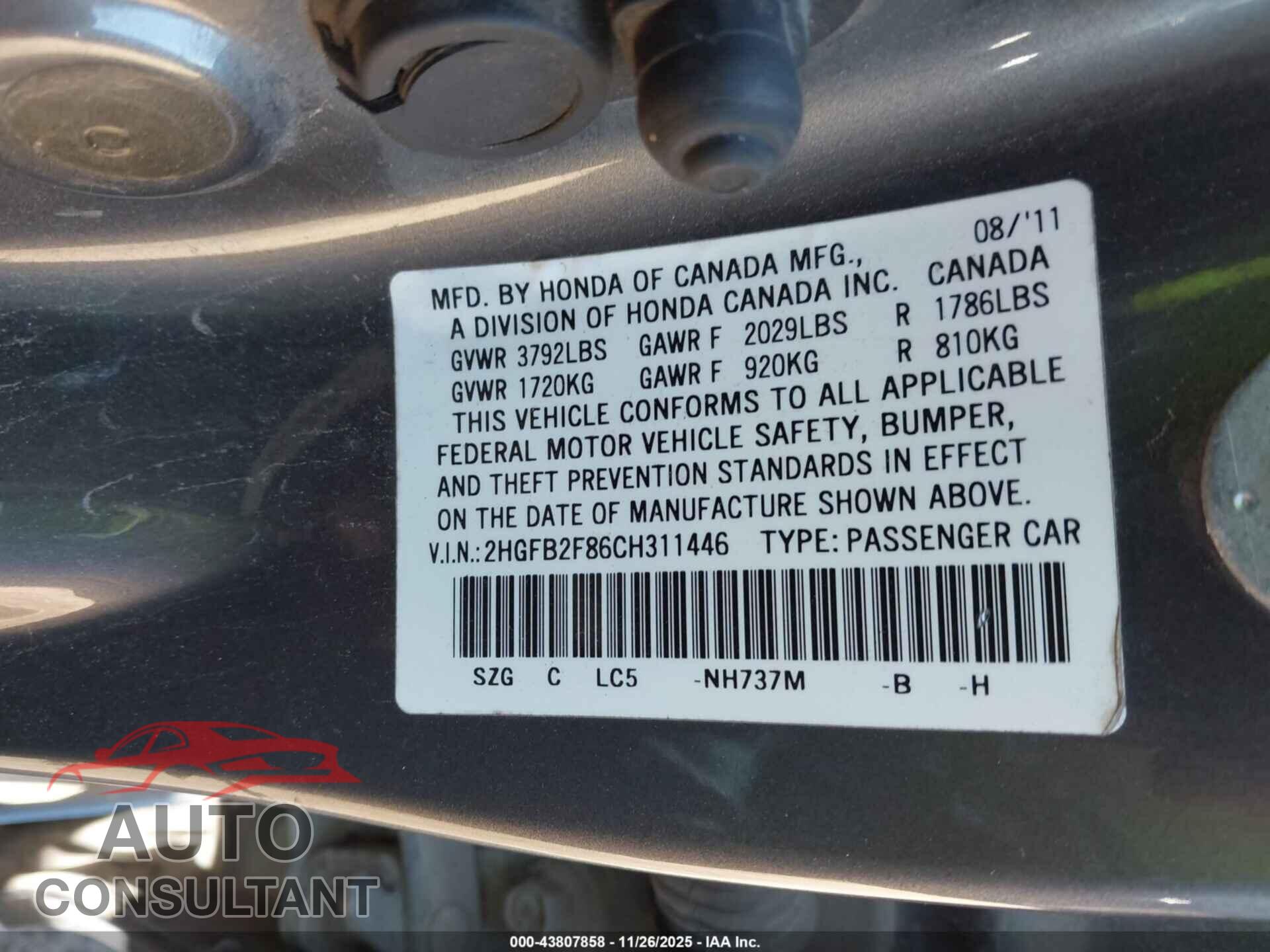 HONDA CIVIC 2012 - 2HGFB2F86CH311446
