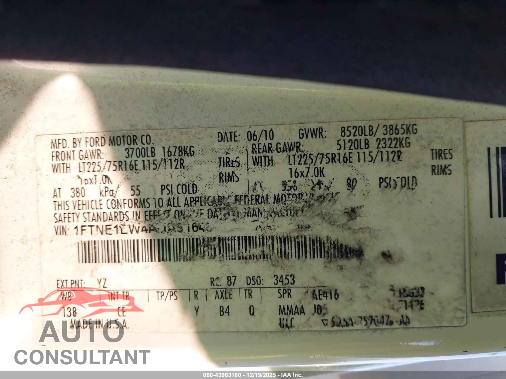 FORD E-150 2010 - 1FTNE1EW4ADA91648