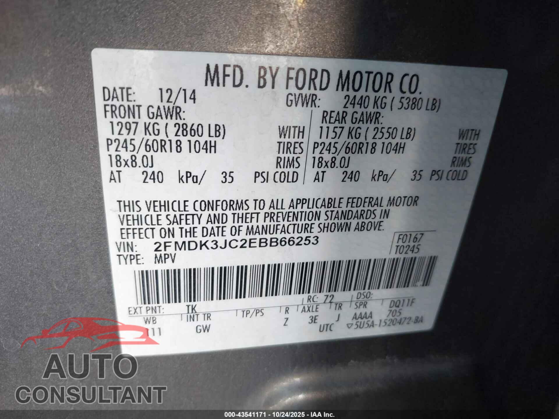 FORD EDGE 2014 - 2FMDK3JC2EBB66253