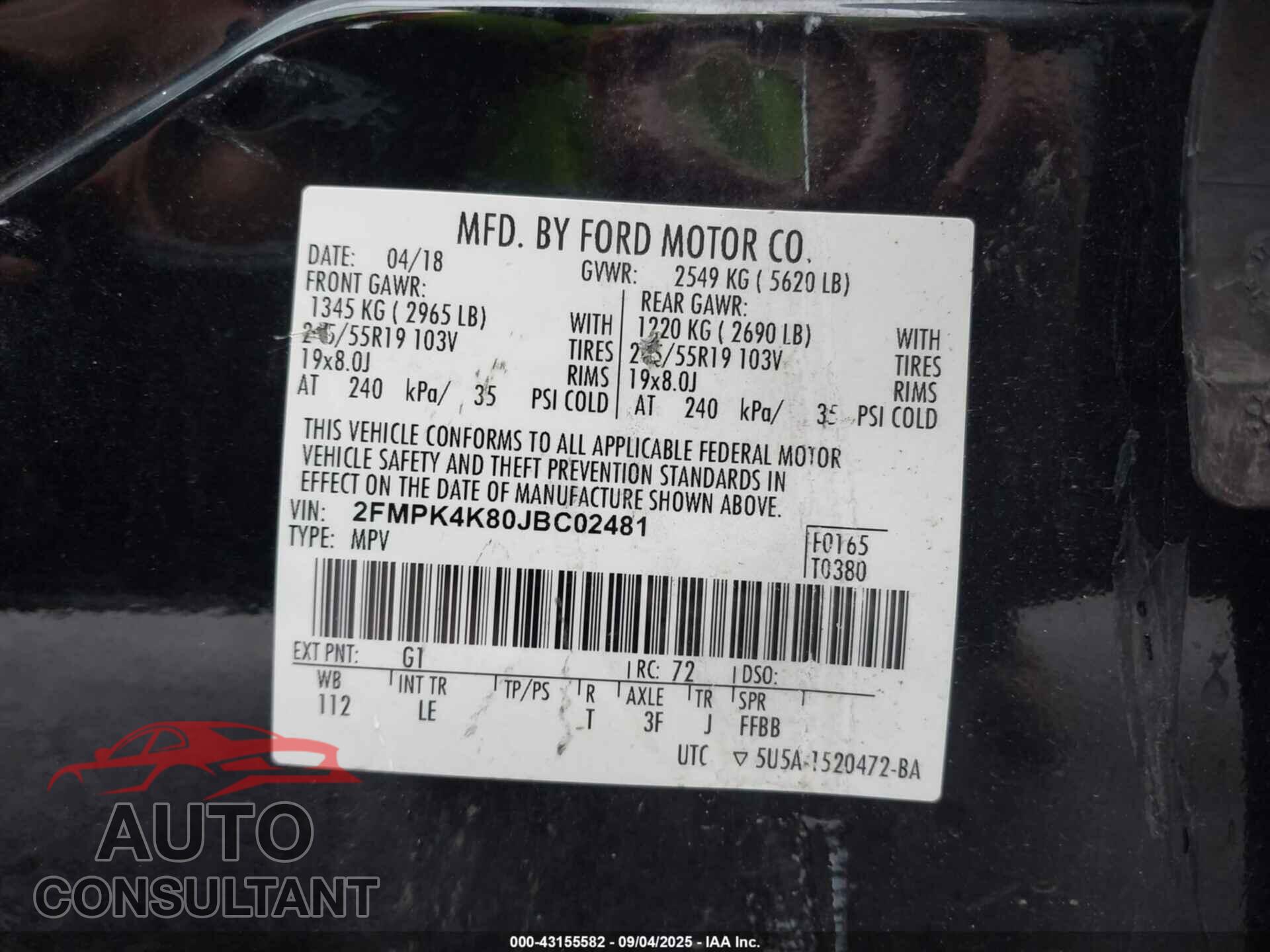 FORD EDGE 2018 - 2FMPK4K80JBC02481