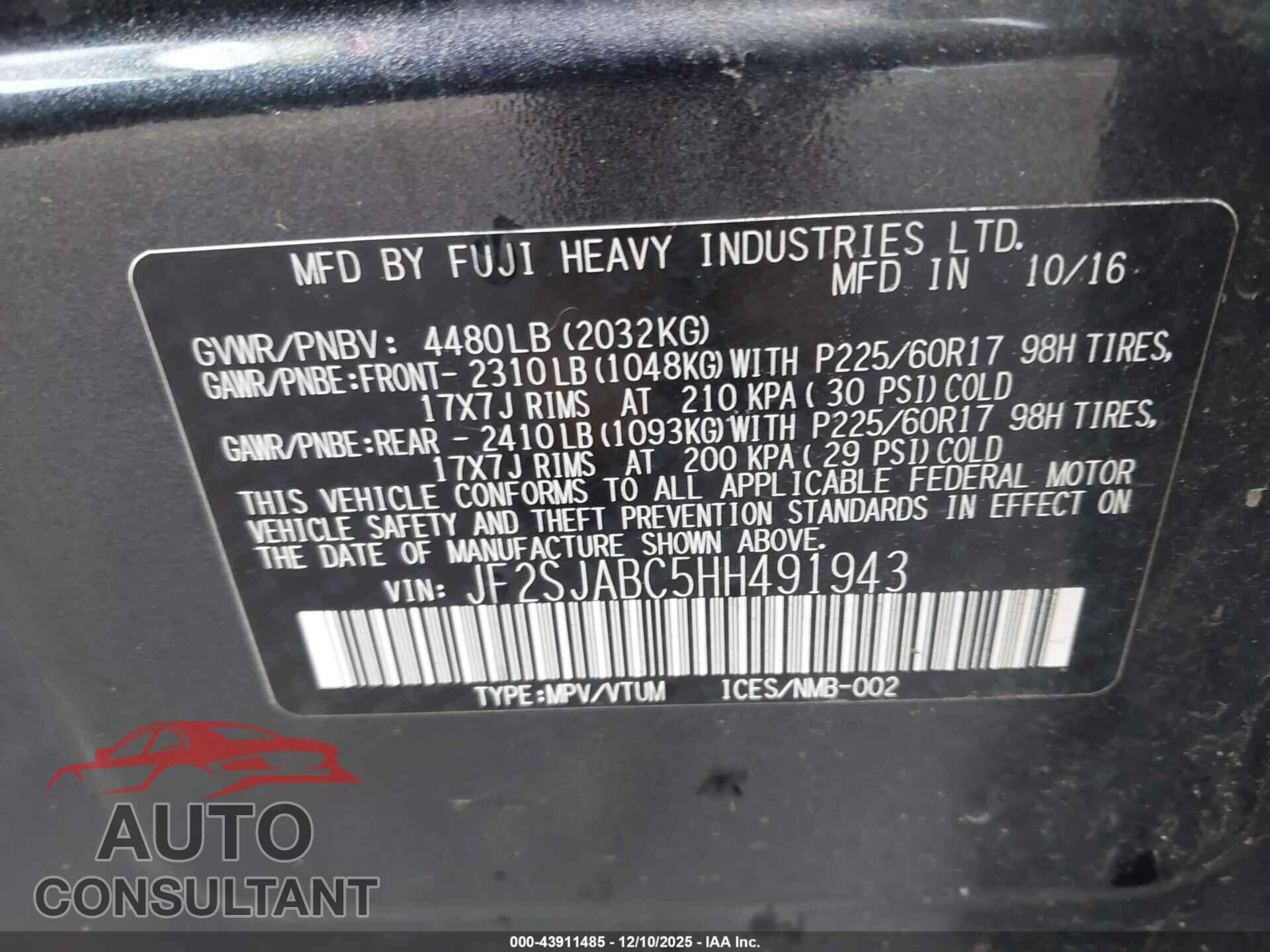 SUBARU FORESTER 2017 - JF2SJABC5HH491943