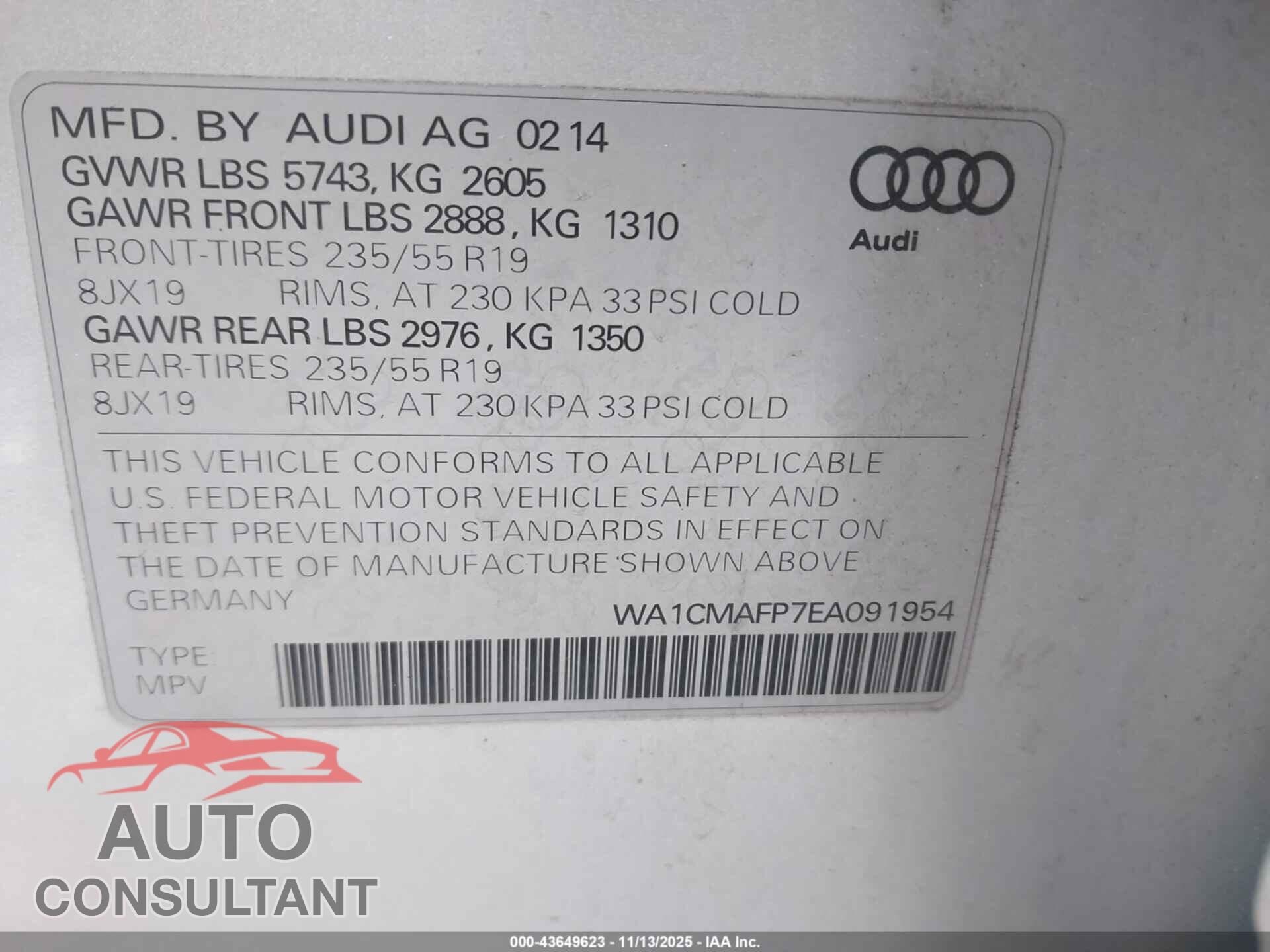 AUDI Q5 2014 - WA1CMAFP7EA091954