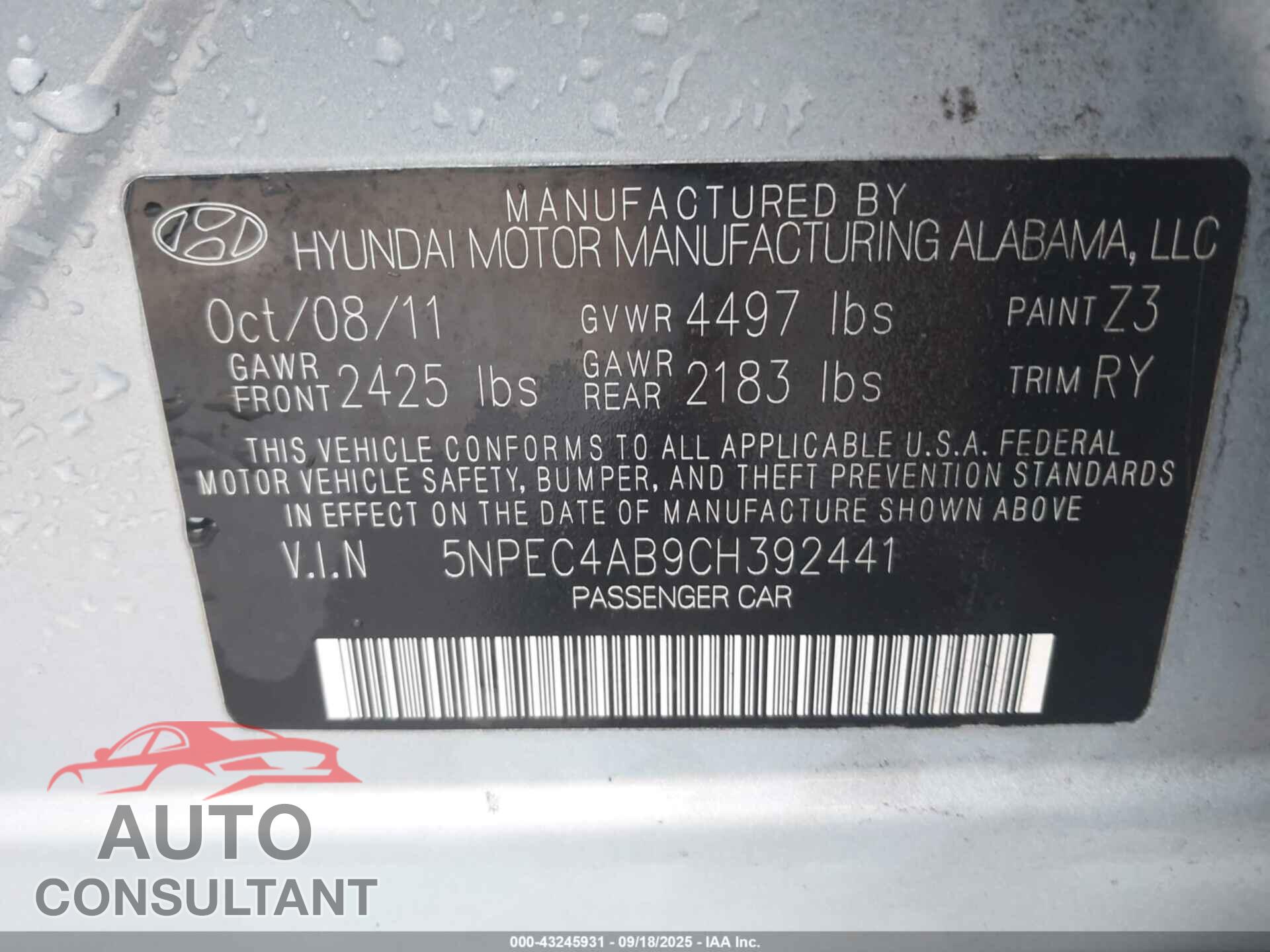 HYUNDAI SONATA 2012 - 5NPEC4AB9CH392441
