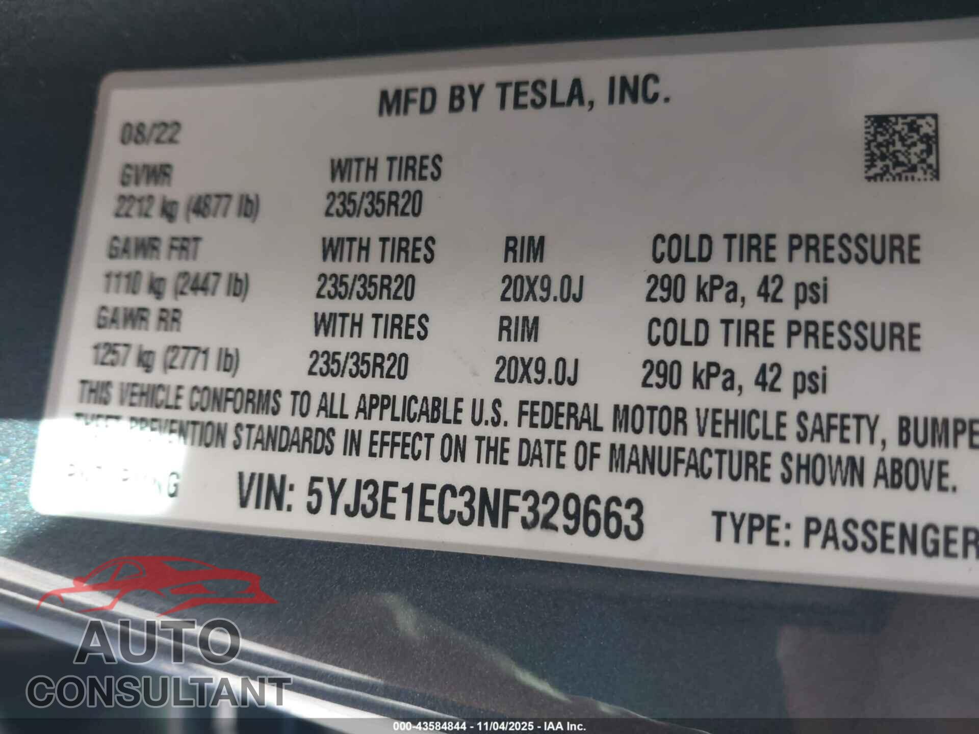 TESLA MODEL 3 2022 - 5YJ3E1EC3NF329663