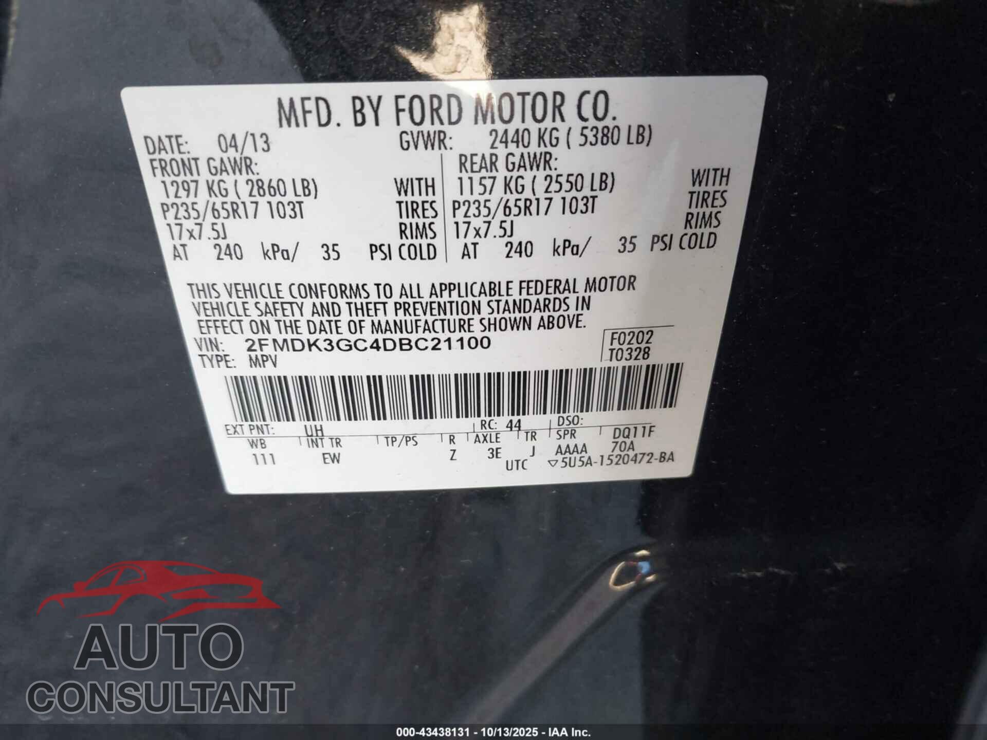 FORD EDGE 2013 - 2FMDK3GC4DBC21100