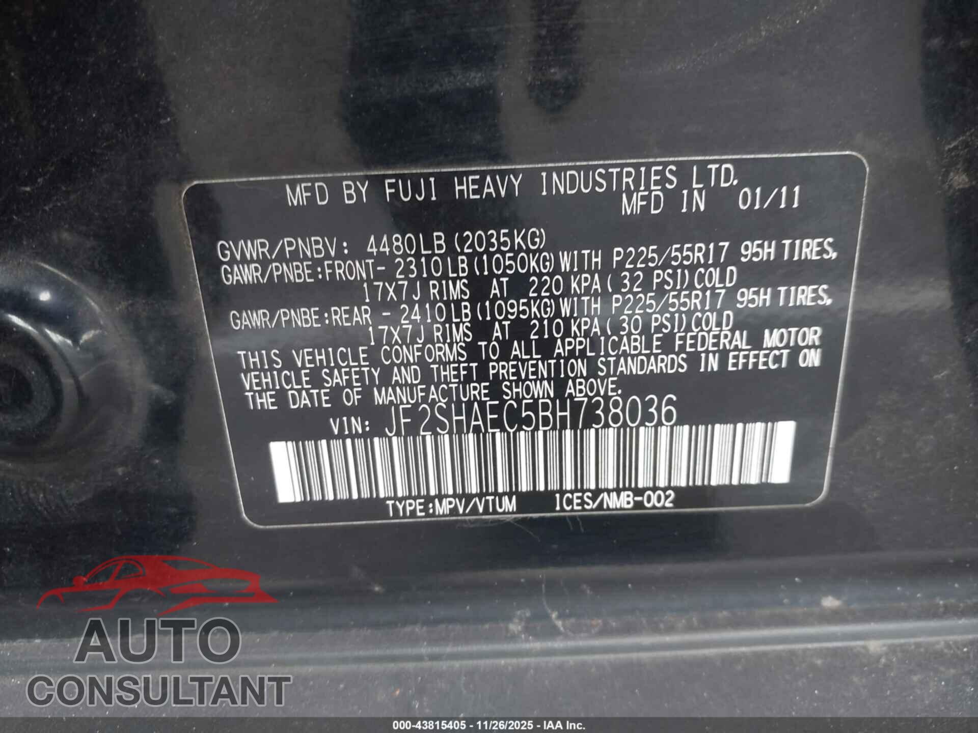 SUBARU FORESTER 2011 - JF2SHAEC5BH738036