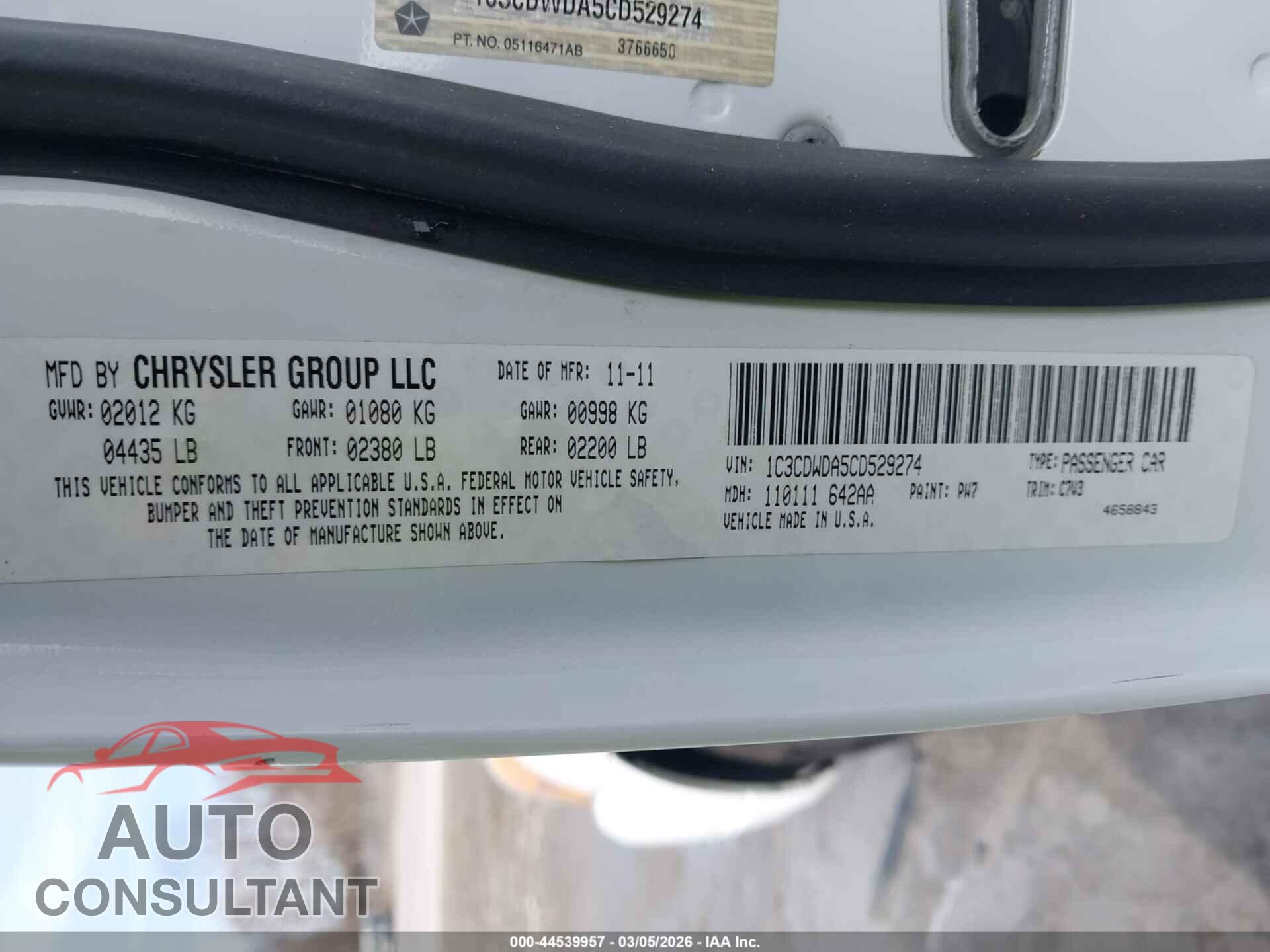 DODGE CALIBER 2012 - 1C3CDWDA5CD529274