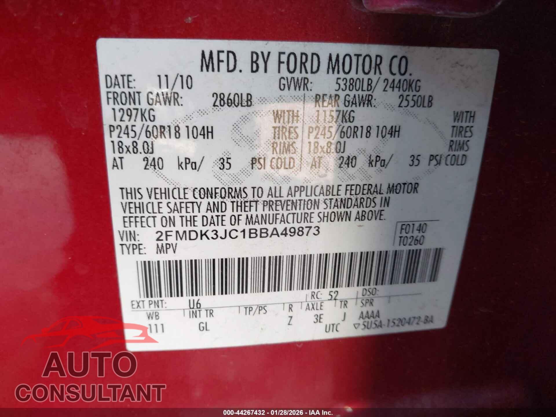FORD EDGE 2011 - 2FMDK3JC1BBA49873
