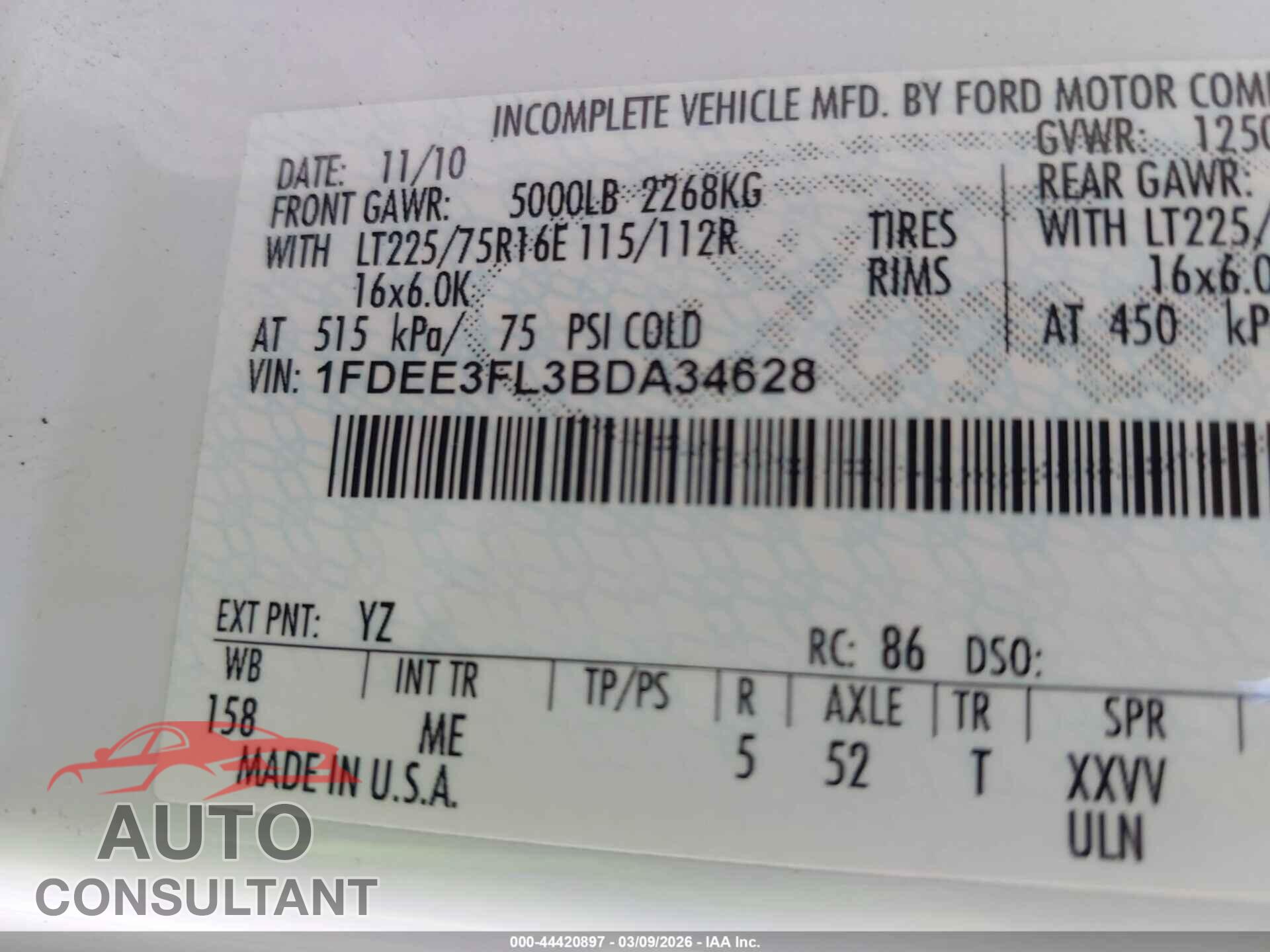 FORD E-350 CUTAWAY 2011 - 1FDEE3FL3BDA34628