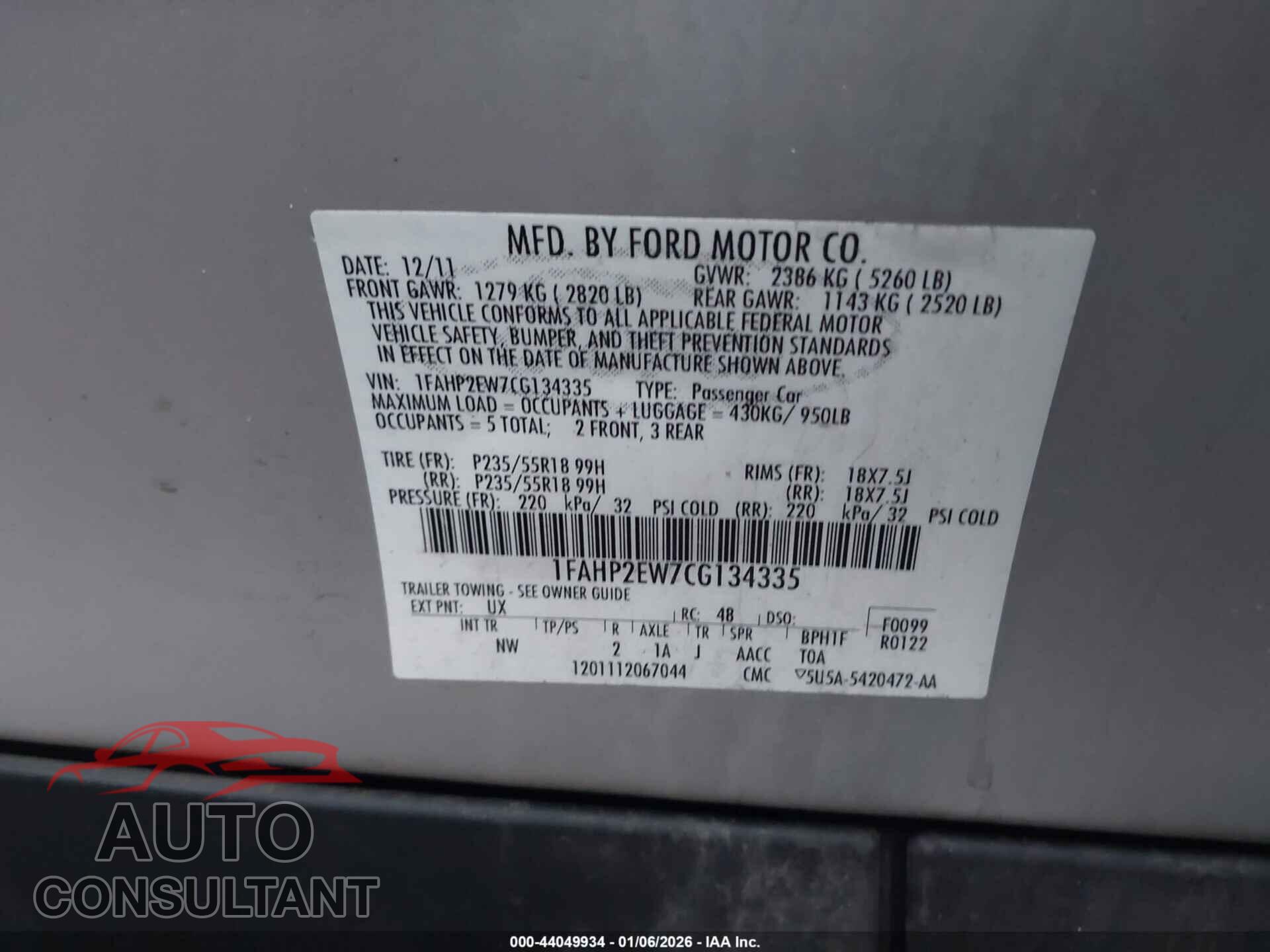 FORD TAURUS 2012 - 1FAHP2EW7CG134335