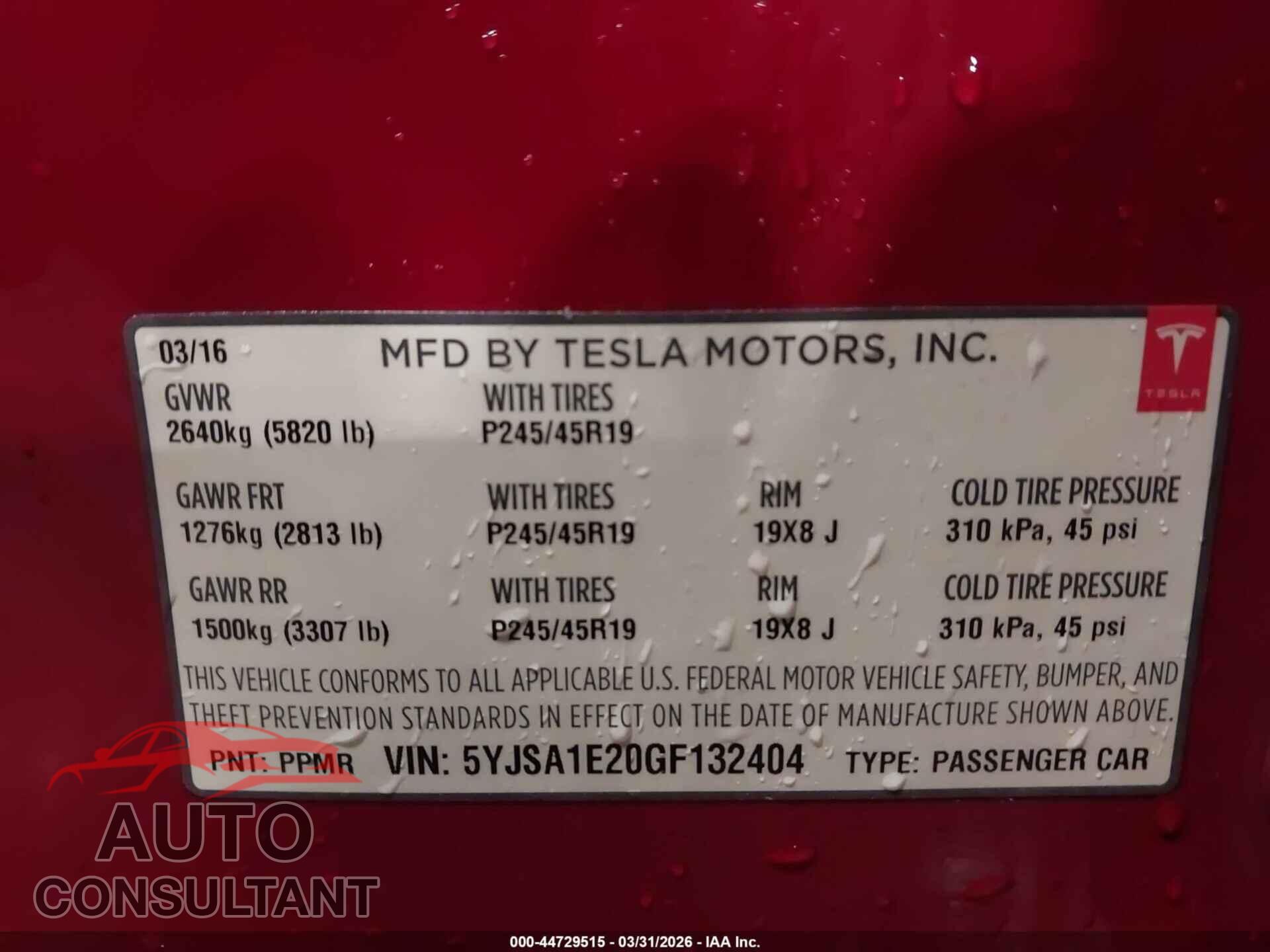TESLA MODEL S 2016 - 5YJSA1E20GF132404