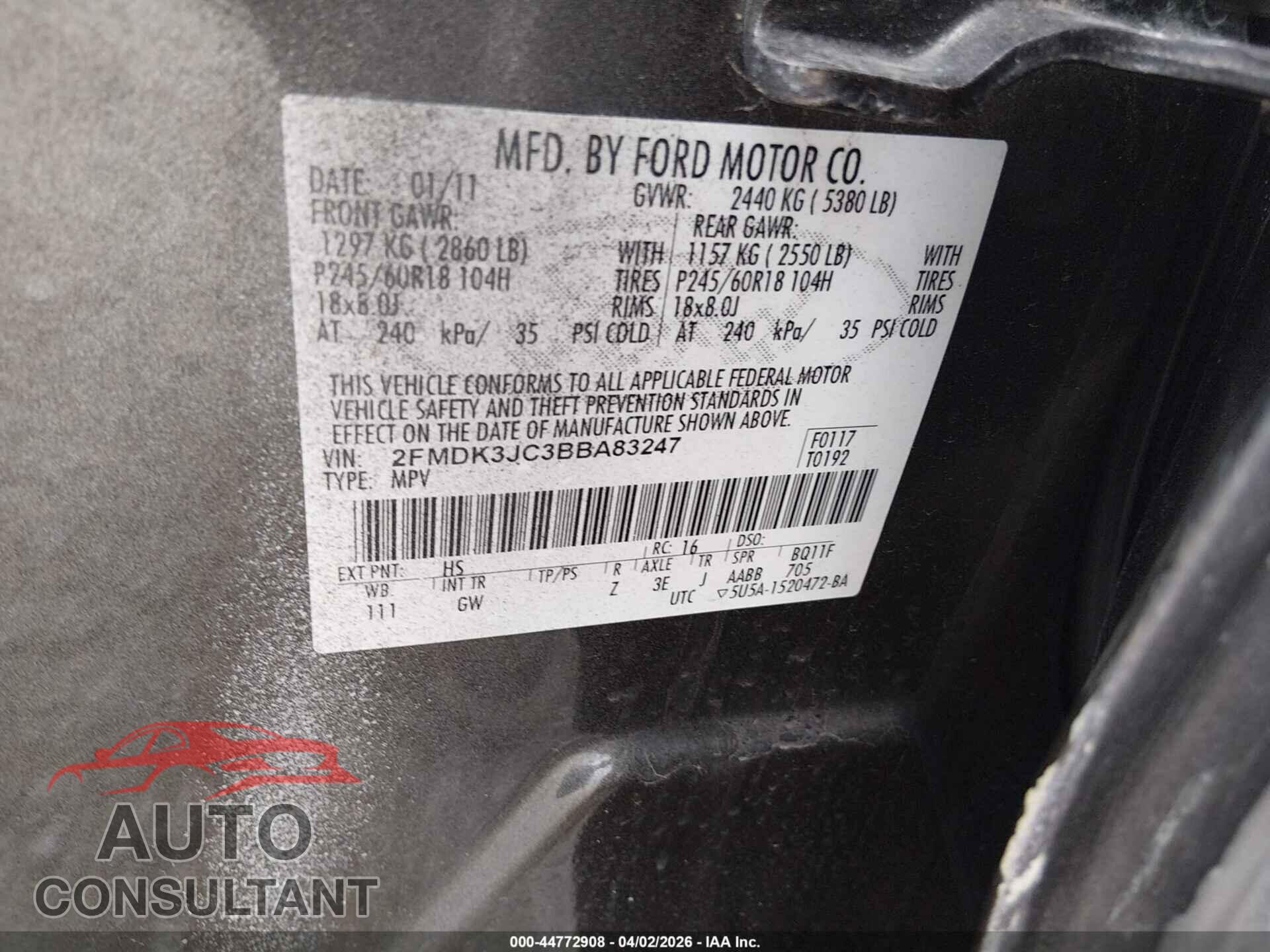 FORD EDGE 2011 - 2FMDK3JC3BBA83247