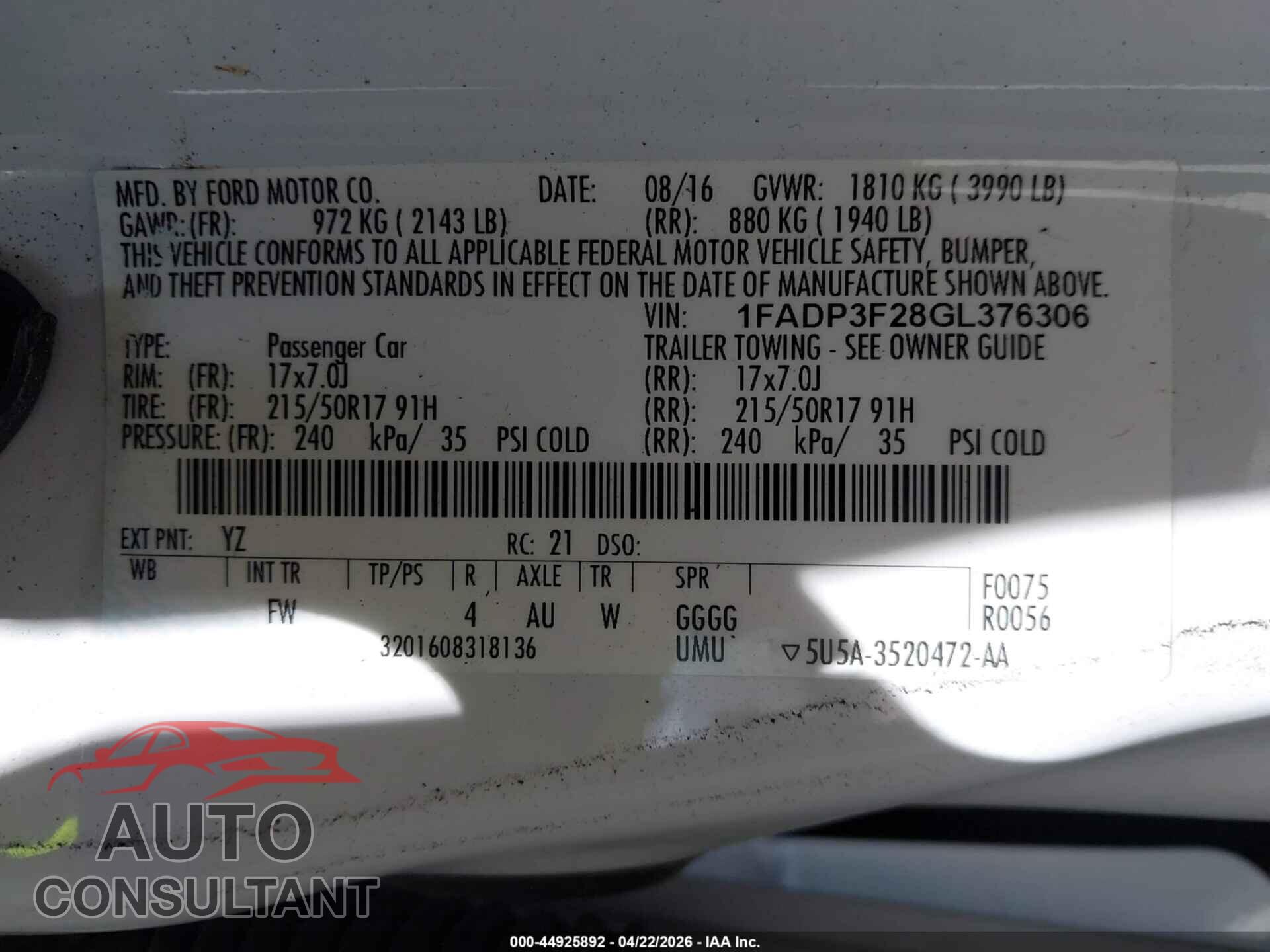 FORD FOCUS 2016 - 1FADP3F28GL376306