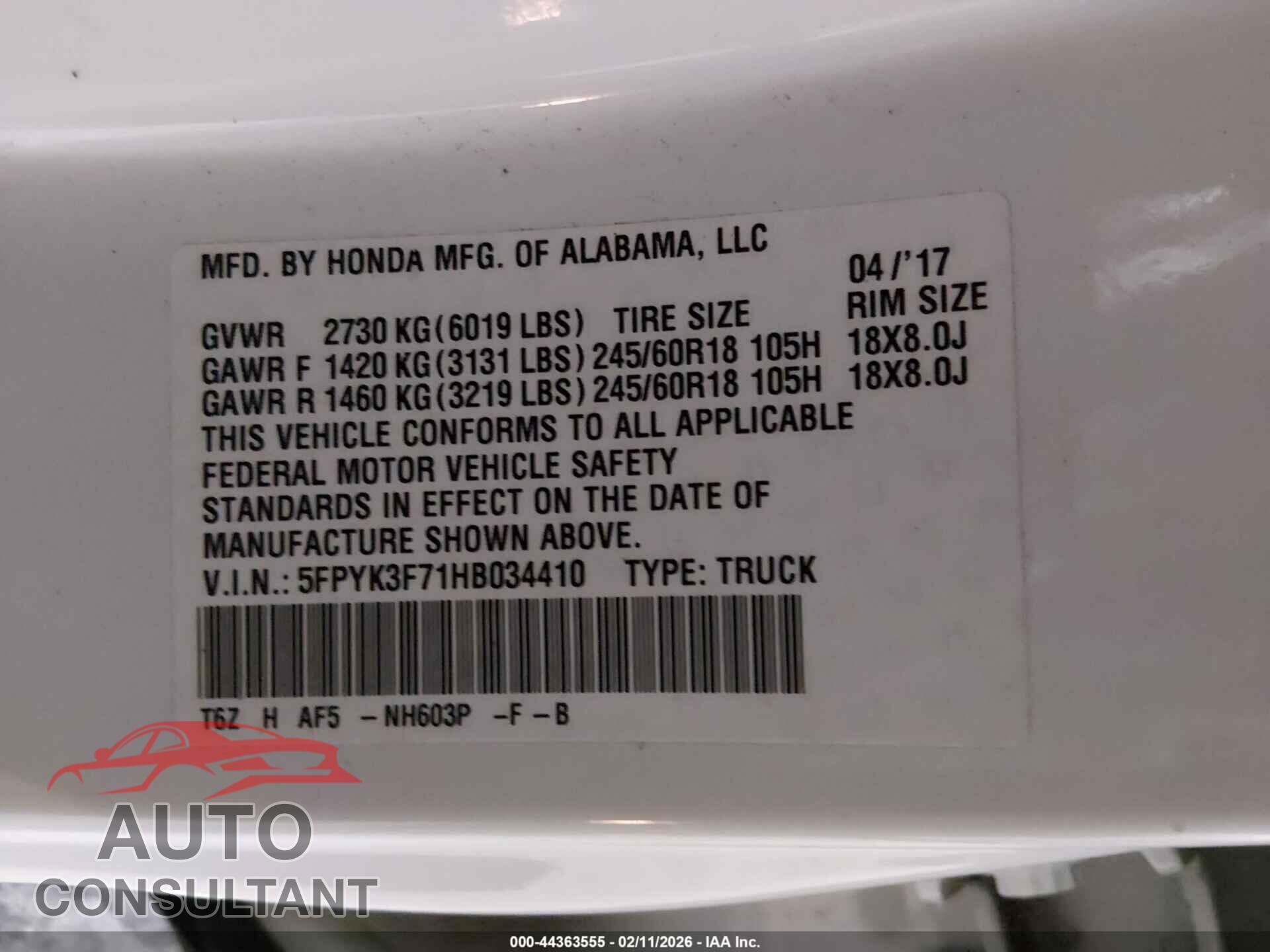 HONDA RIDGELINE 2017 - 5FPYK3F71HB034410