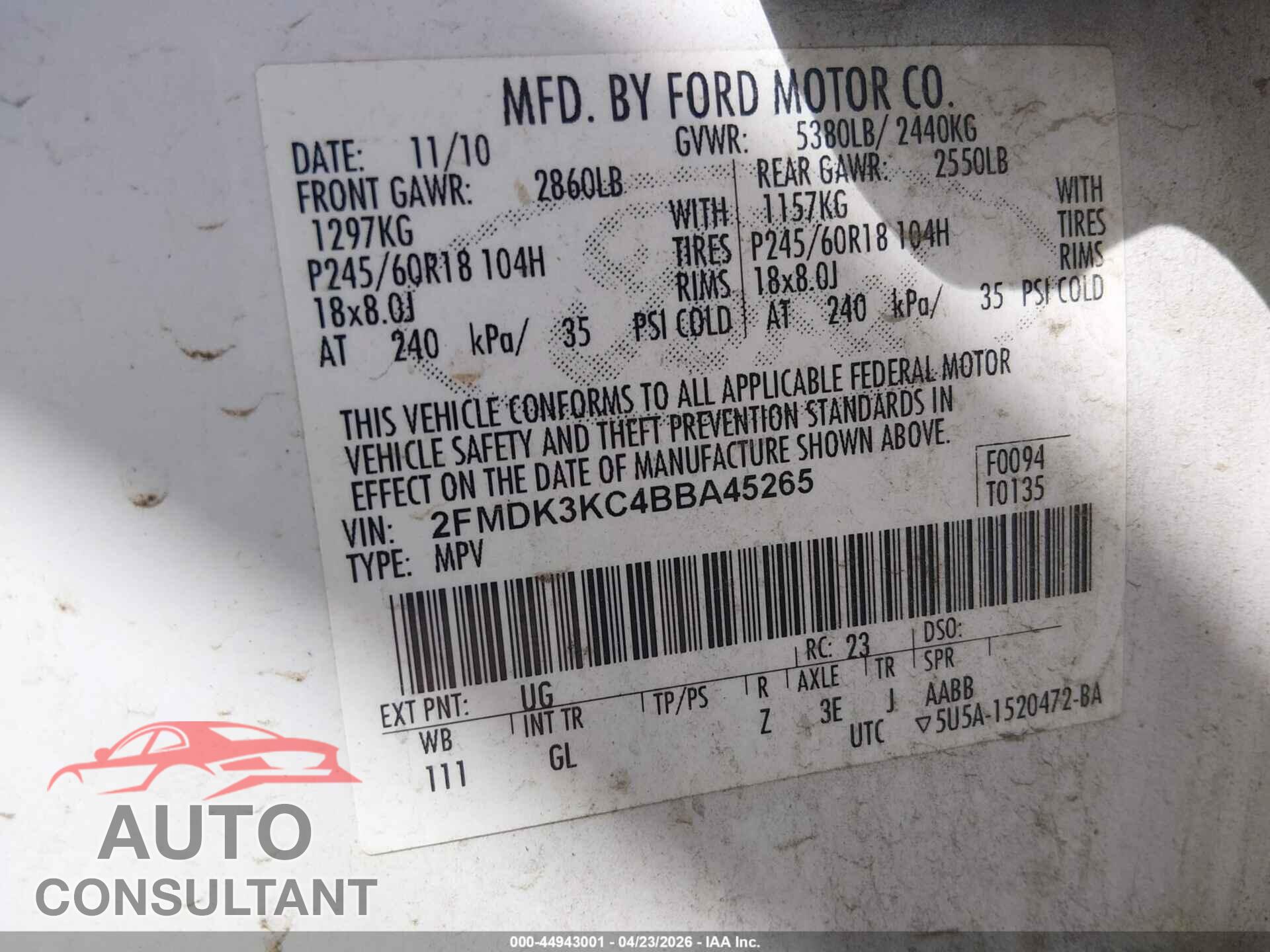 FORD EDGE 2011 - 2FMDK3KC4BBA45265