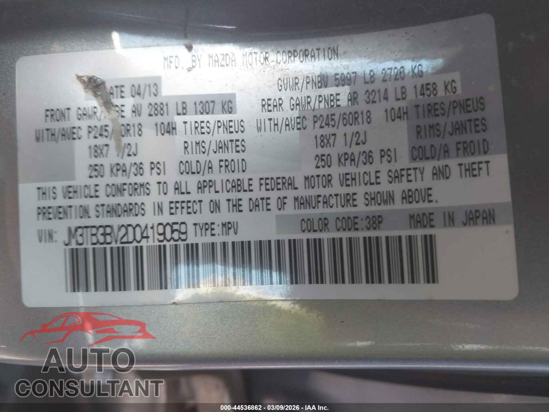 MAZDA CX-9 2013 - JM3TB3BV2D0419059