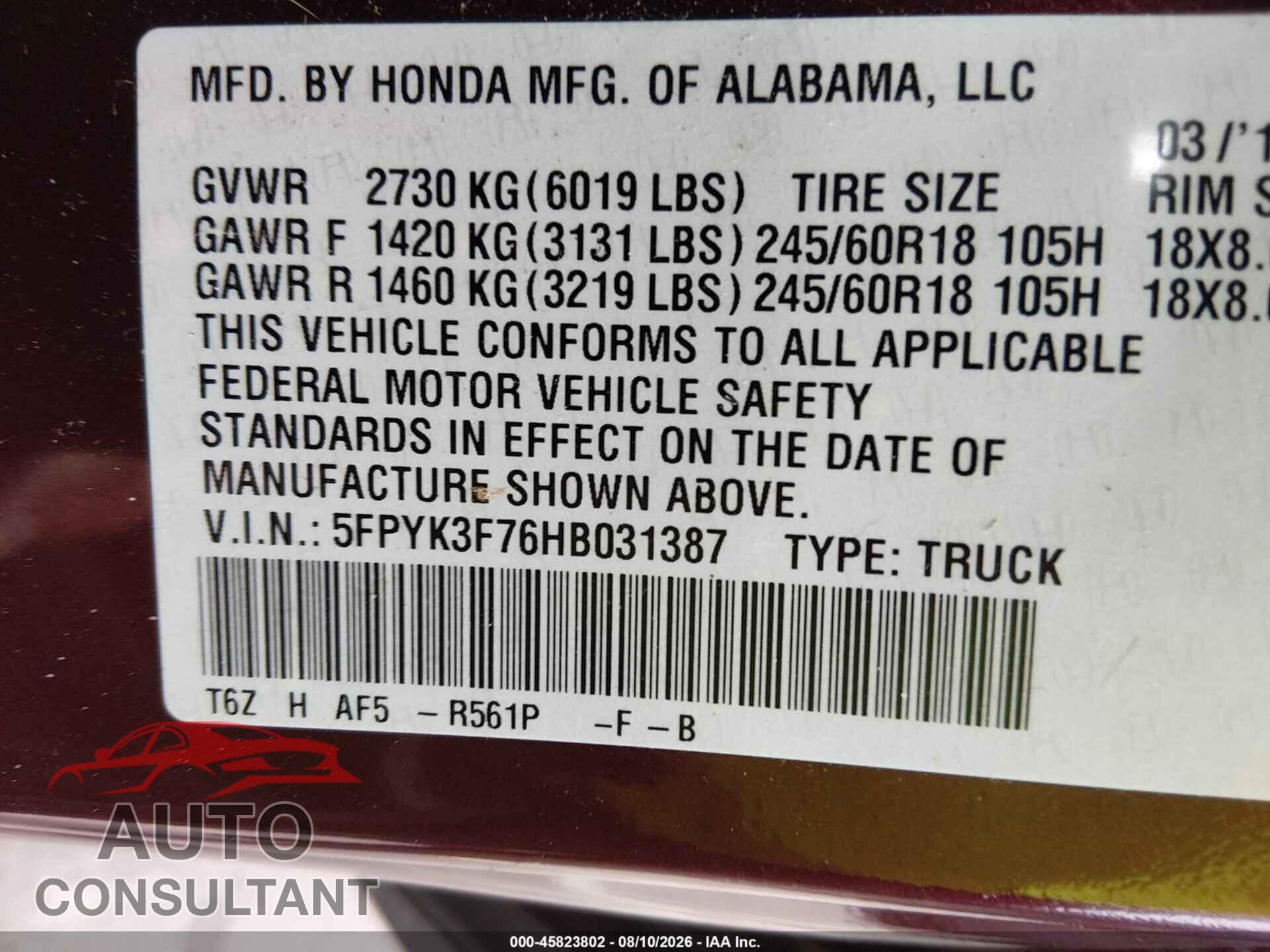 HONDA RIDGELINE 2017 - 5FPYK3F76HB031387