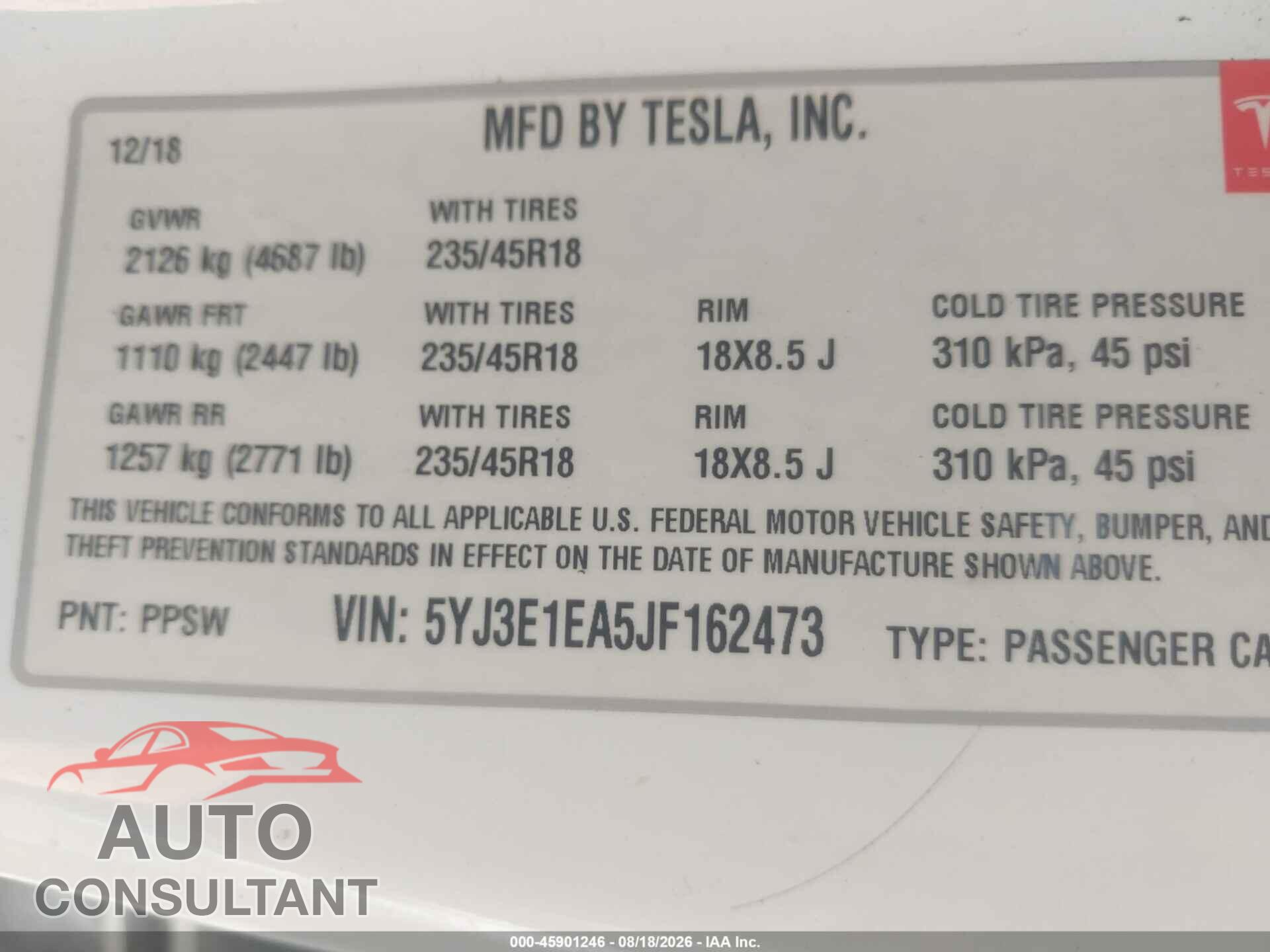 TESLA MODEL 3 2018 - 5YJ3E1EA5JF162473