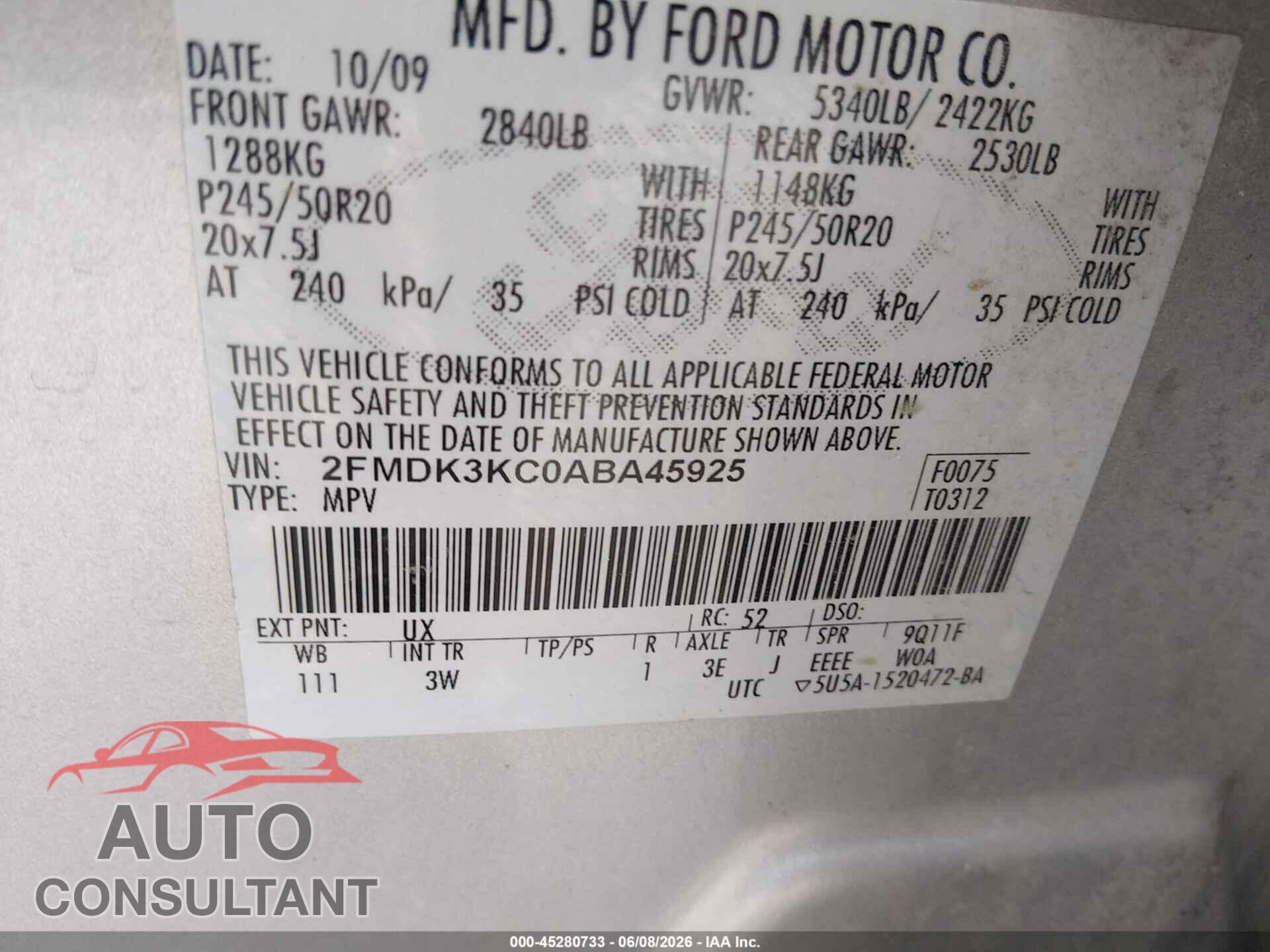 FORD EDGE 2010 - 2FMDK3KC0ABA45925