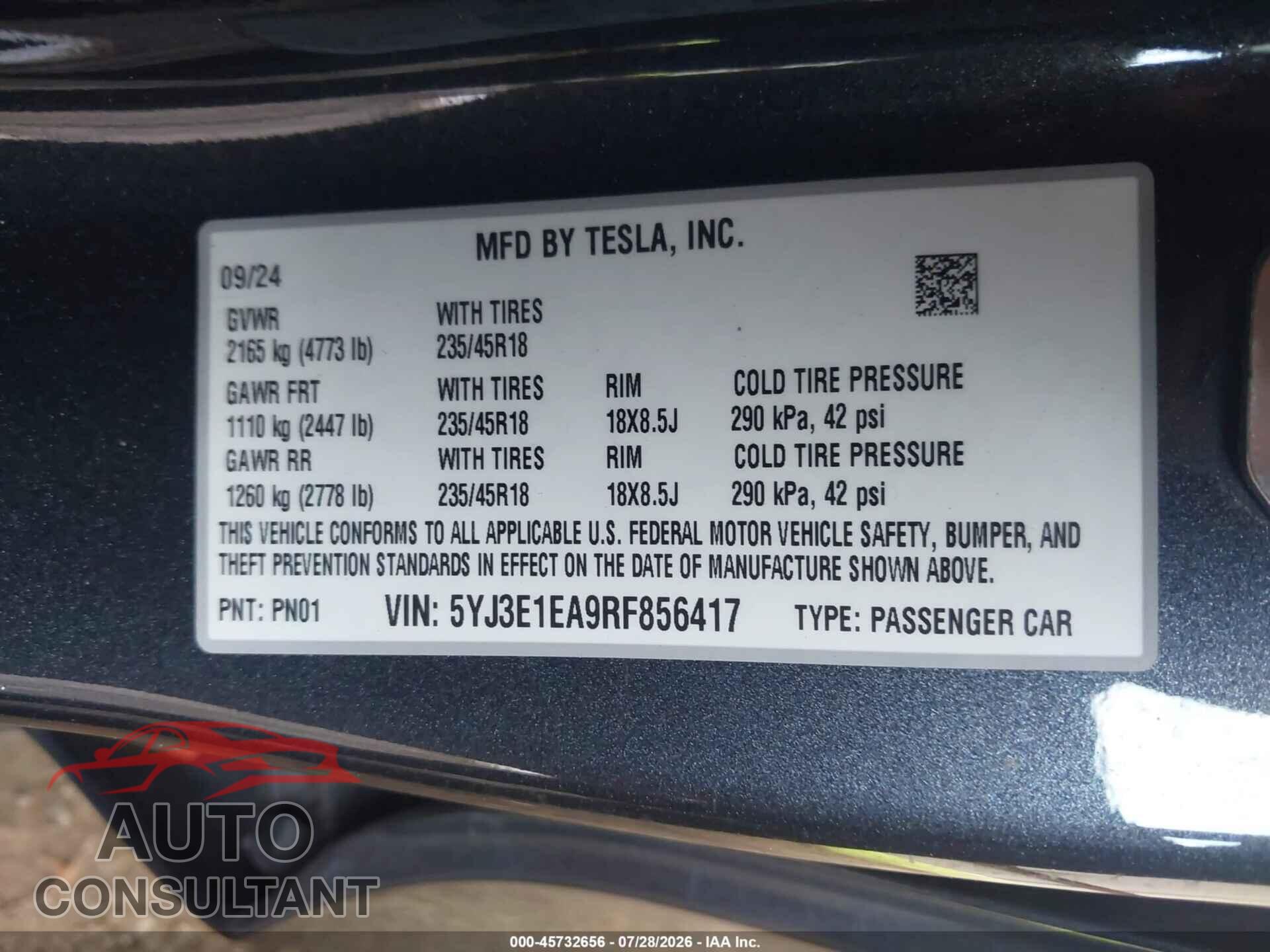 TESLA MODEL 3 2024 - 5YJ3E1EA9RF856417