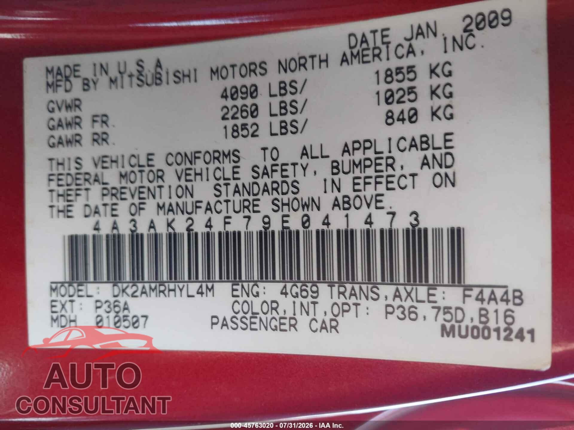 MITSUBISHI ECLIPSE 2009 - 4A3AK24F79E041473