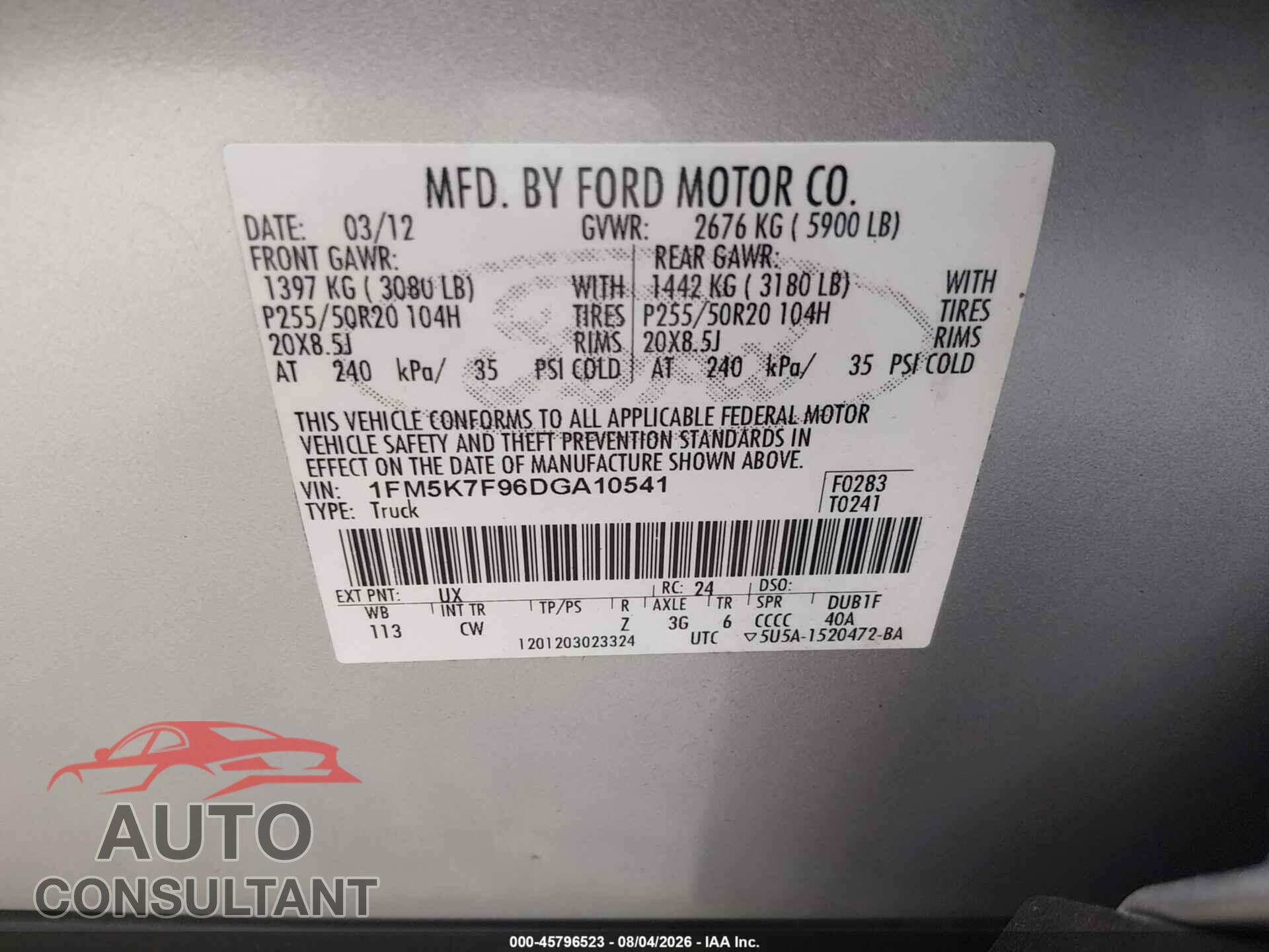 FORD EXPLORER 2013 - 1FM5K7F96DGA10541