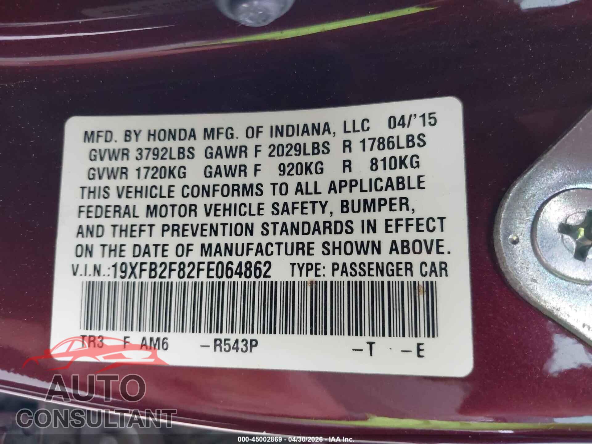 HONDA CIVIC 2015 - 19XFB2F82FE064862