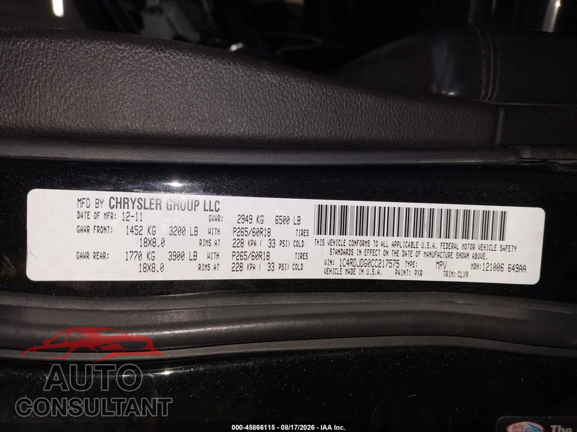 DODGE DURANGO 2012 - 1C4RDJDG0CC217575