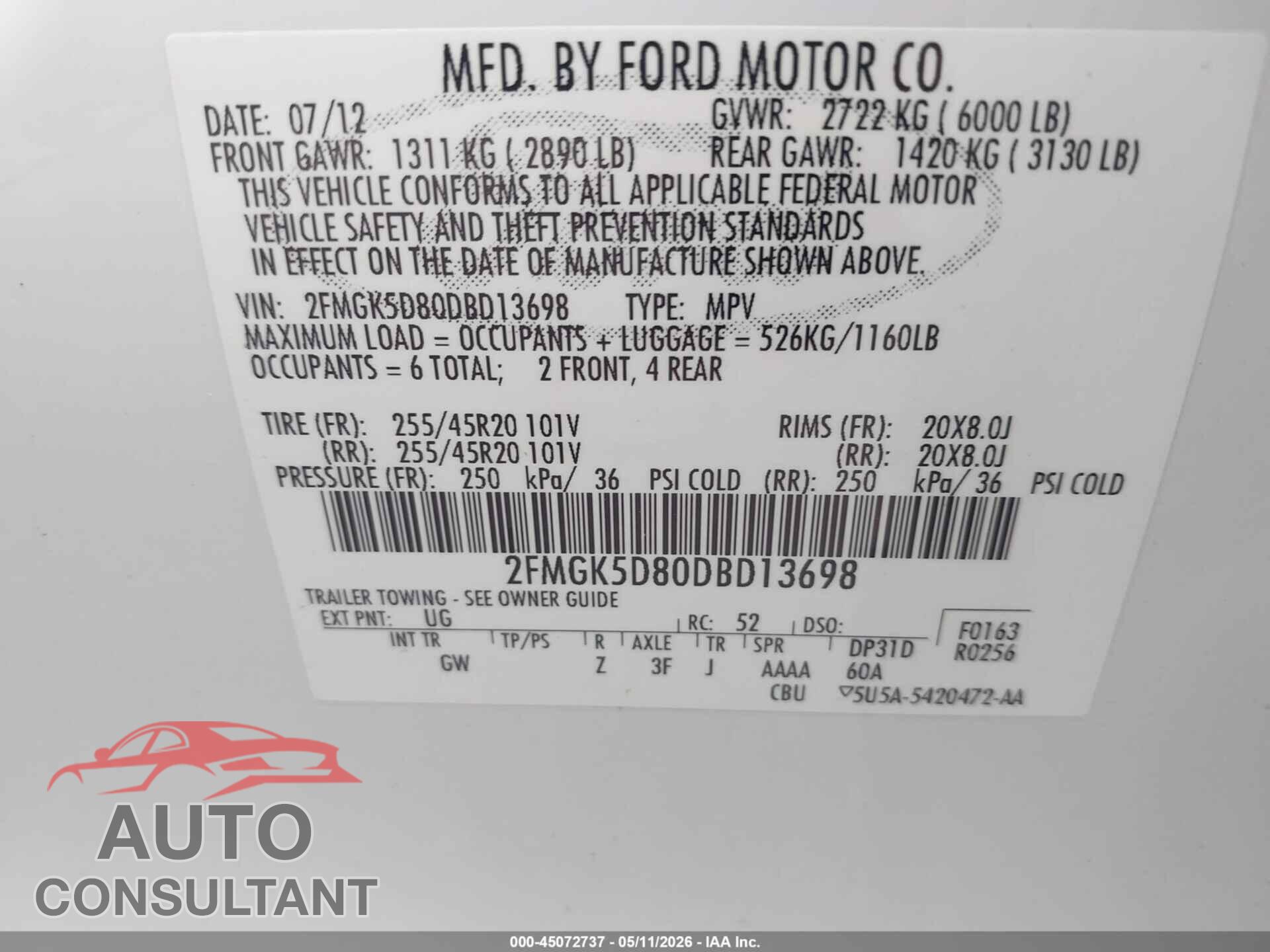 FORD FLEX 2013 - 2FMGK5D80DBD13698