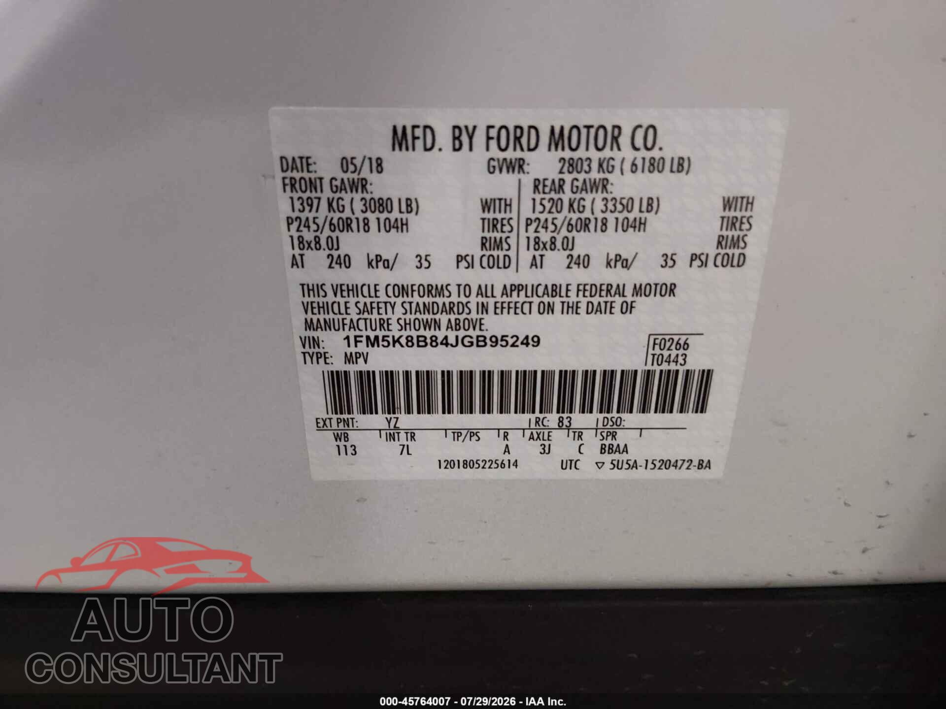 FORD EXPLORER 2018 - 1FM5K8B84JGB95249