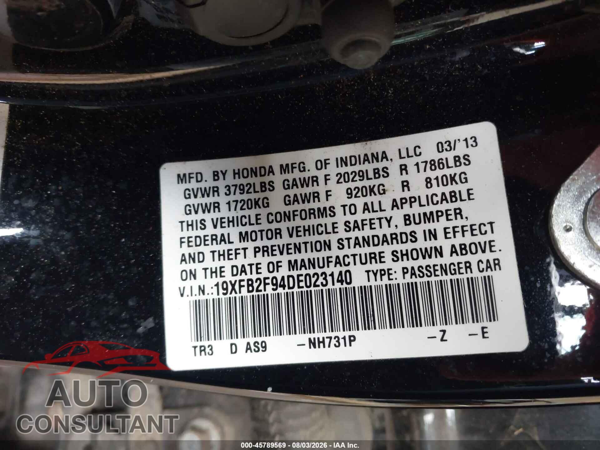 HONDA CIVIC 2013 - 19XFB2F94DE023140