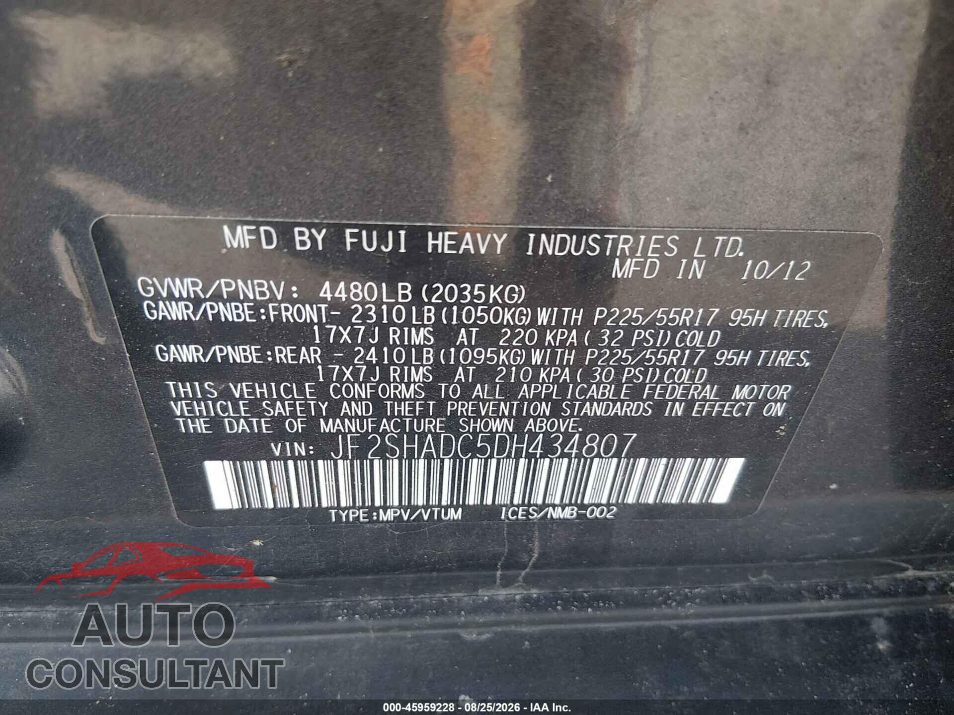 SUBARU FORESTER 2013 - JF2SHADC5DH434807