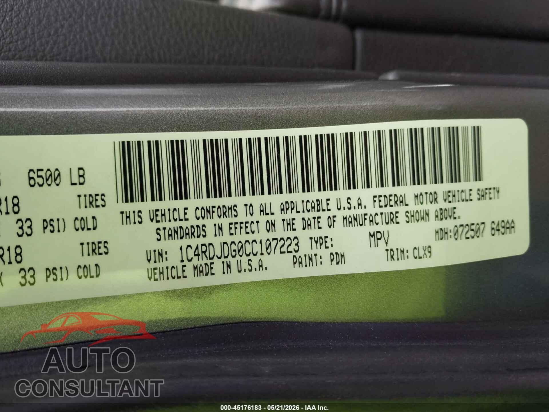DODGE DURANGO 2012 - 1C4RDJDG0CC107223