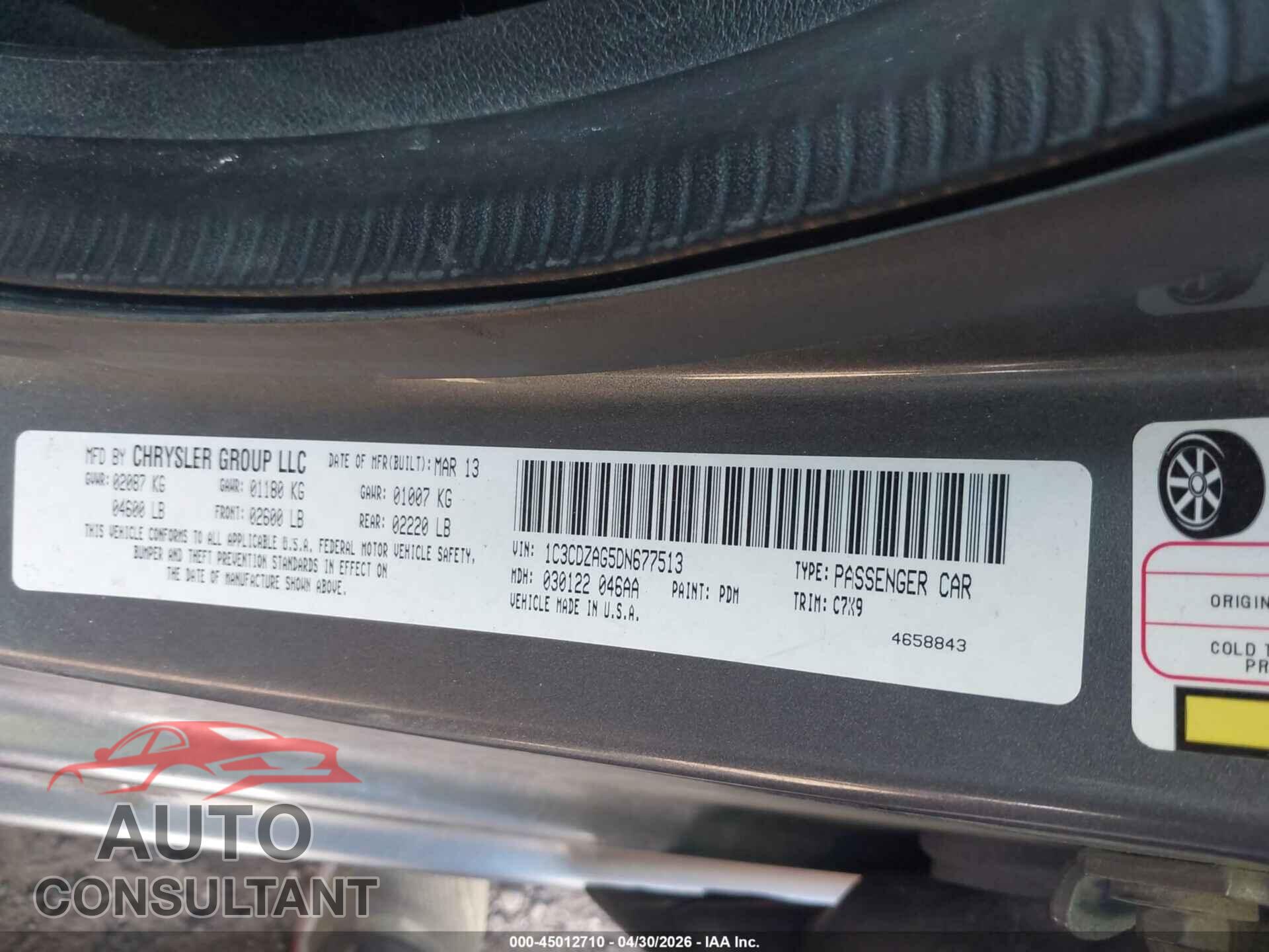 DODGE AVENGER 2013 - 1C3CDZAG5DN677513