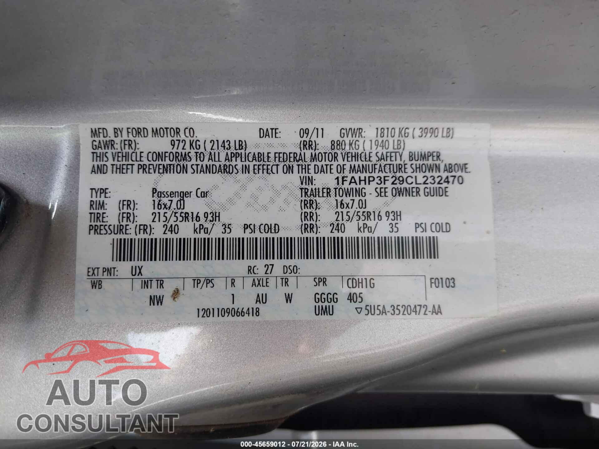 FORD FOCUS 2012 - 1FAHP3F29CL232470