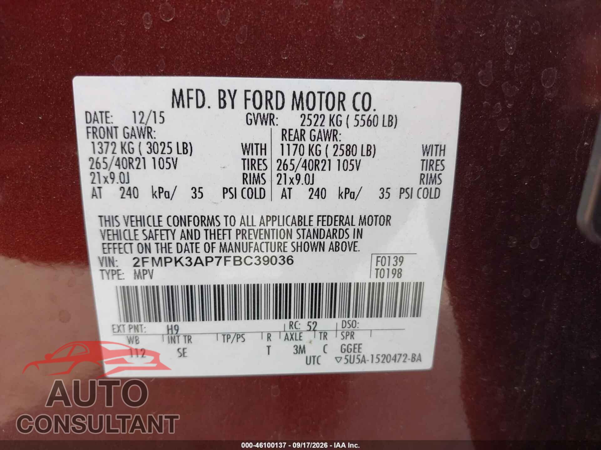 FORD EDGE 2015 - 2FMPK3AP7FBC39036