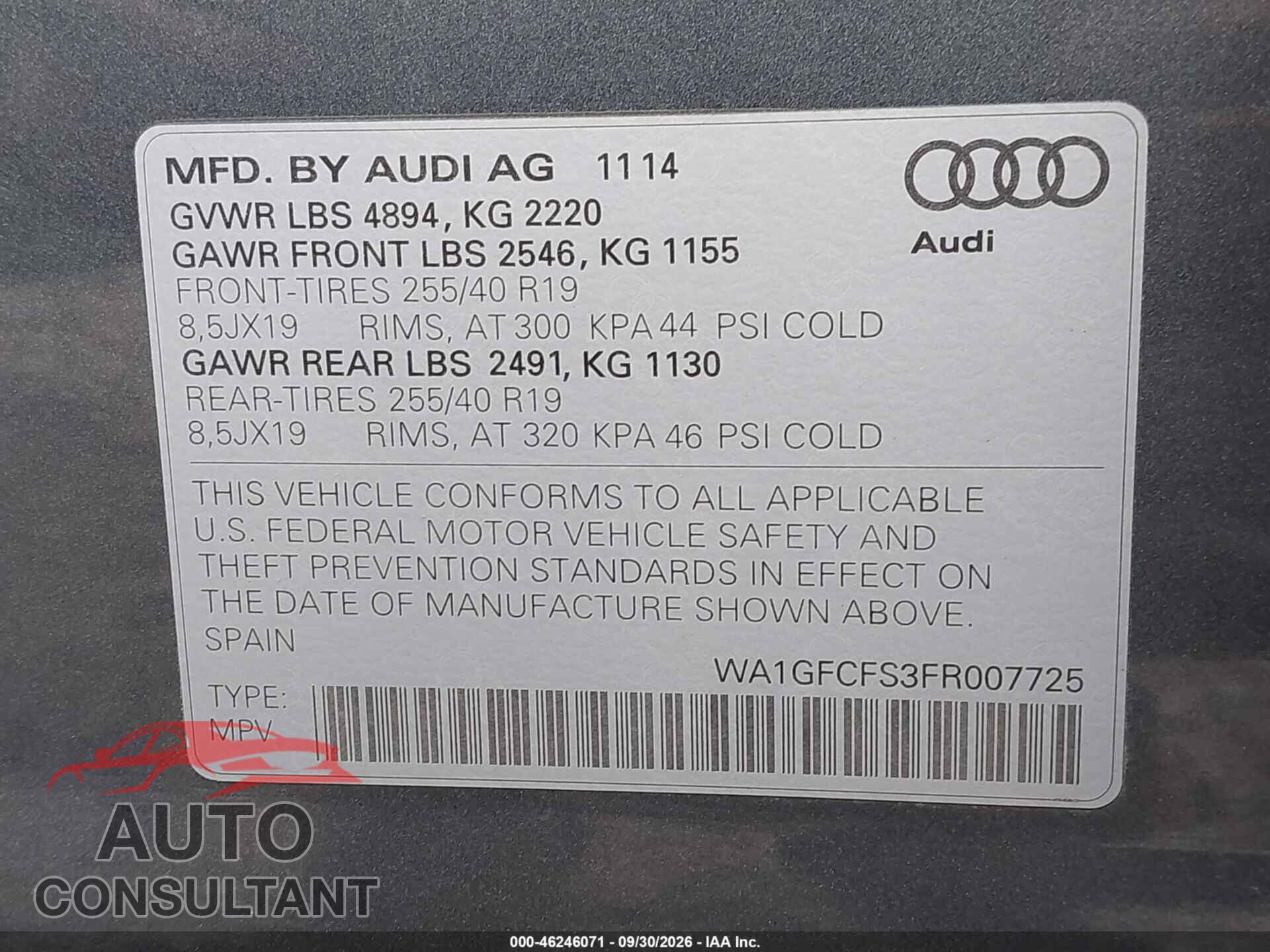 AUDI Q3 2015 - WA1GFCFS3FR007725