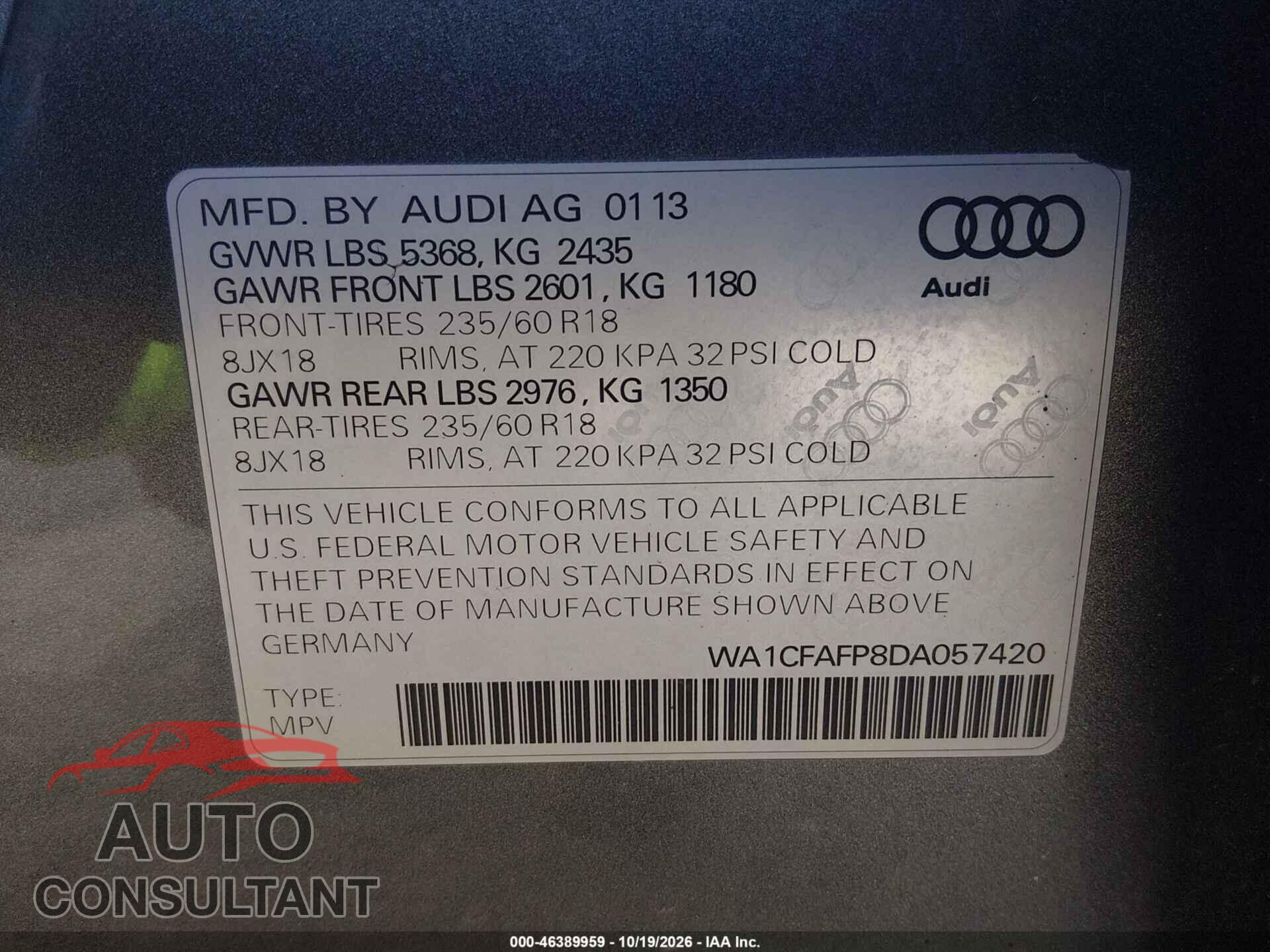 AUDI Q5 2013 - WA1CFAFP8DA057420