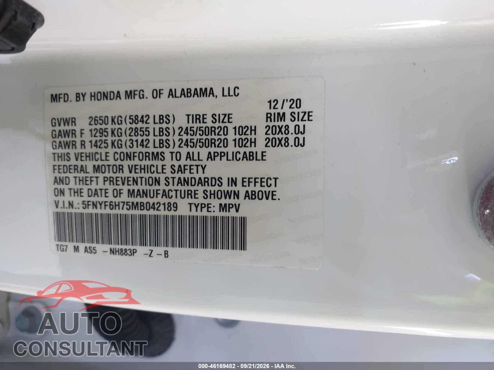 HONDA PILOT 2021 - 5FNYF6H75MB042189