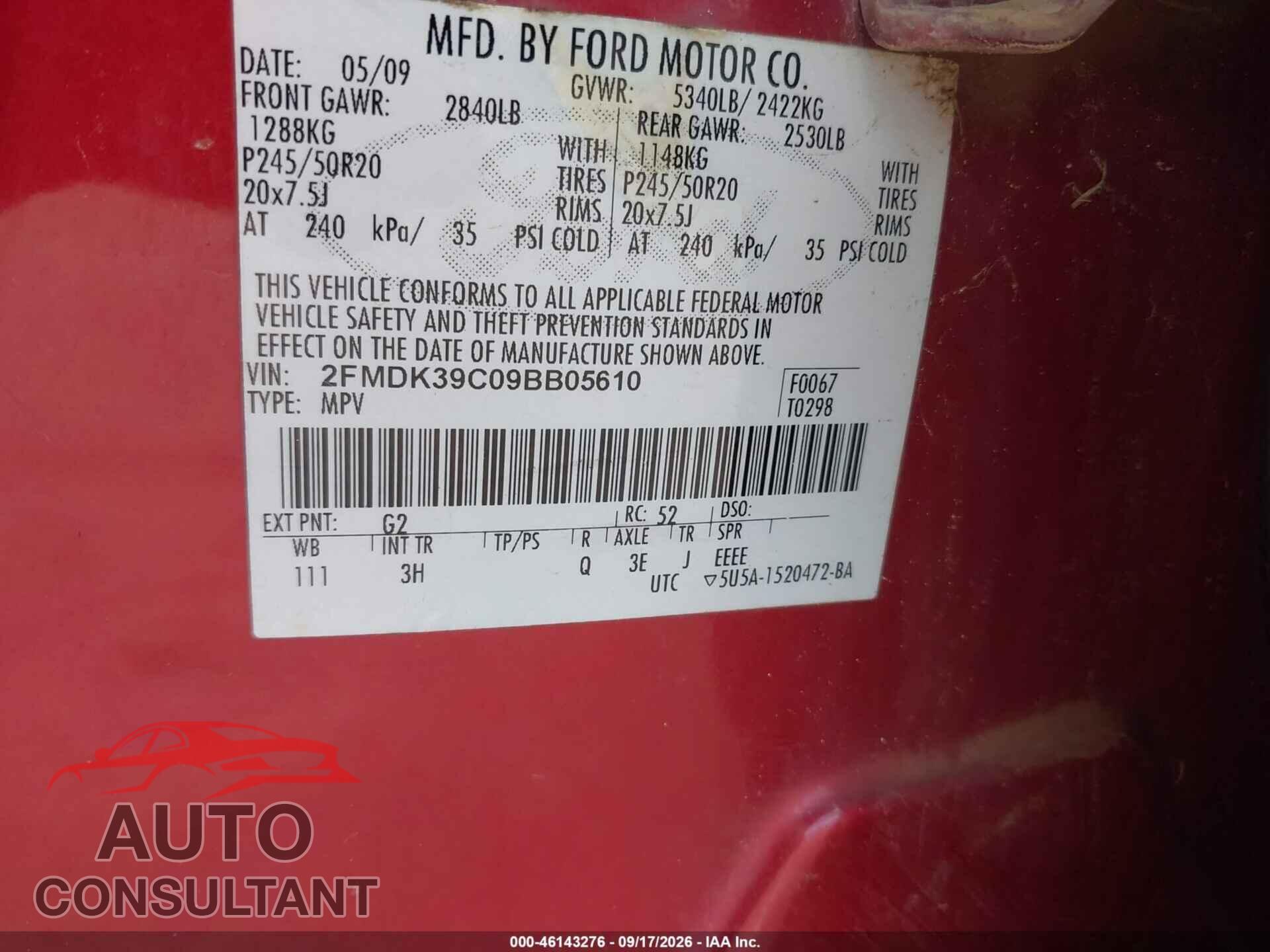 FORD EDGE 2009 - 2FMDK39C09BB05610