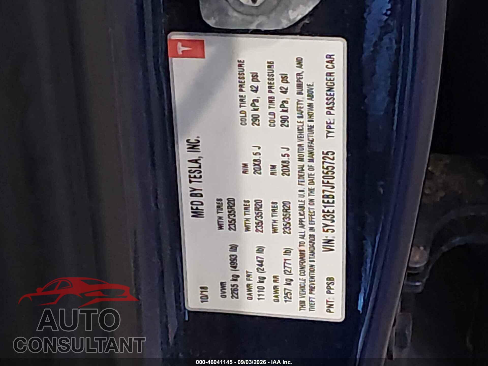 TESLA MODEL 3 2018 - 5YJ3E1EB7JF055725