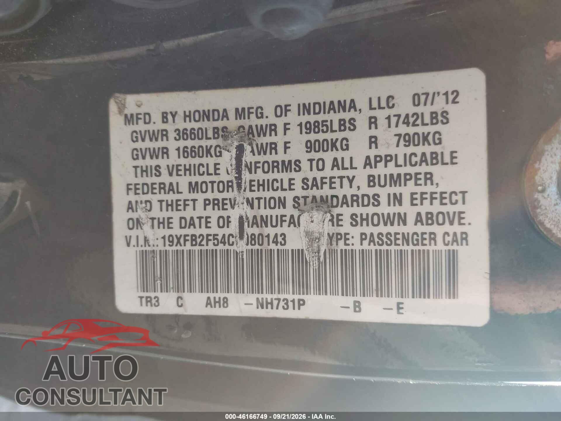 HONDA CIVIC 2012 - 19XFB2F54CE080143
