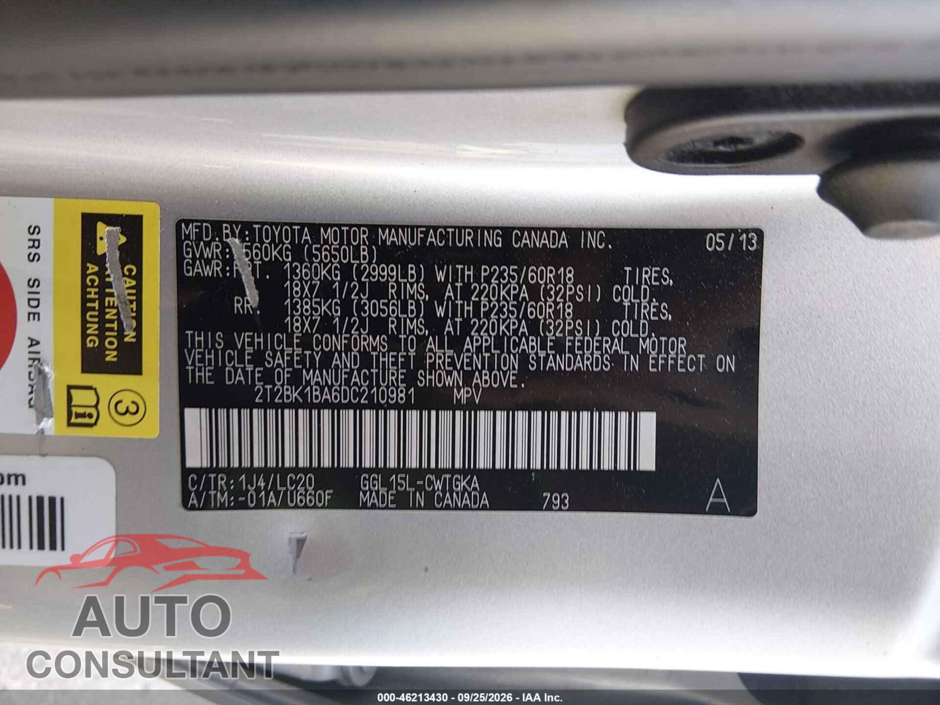 LEXUS RX 350 2013 - 2T2BK1BA6DC210981